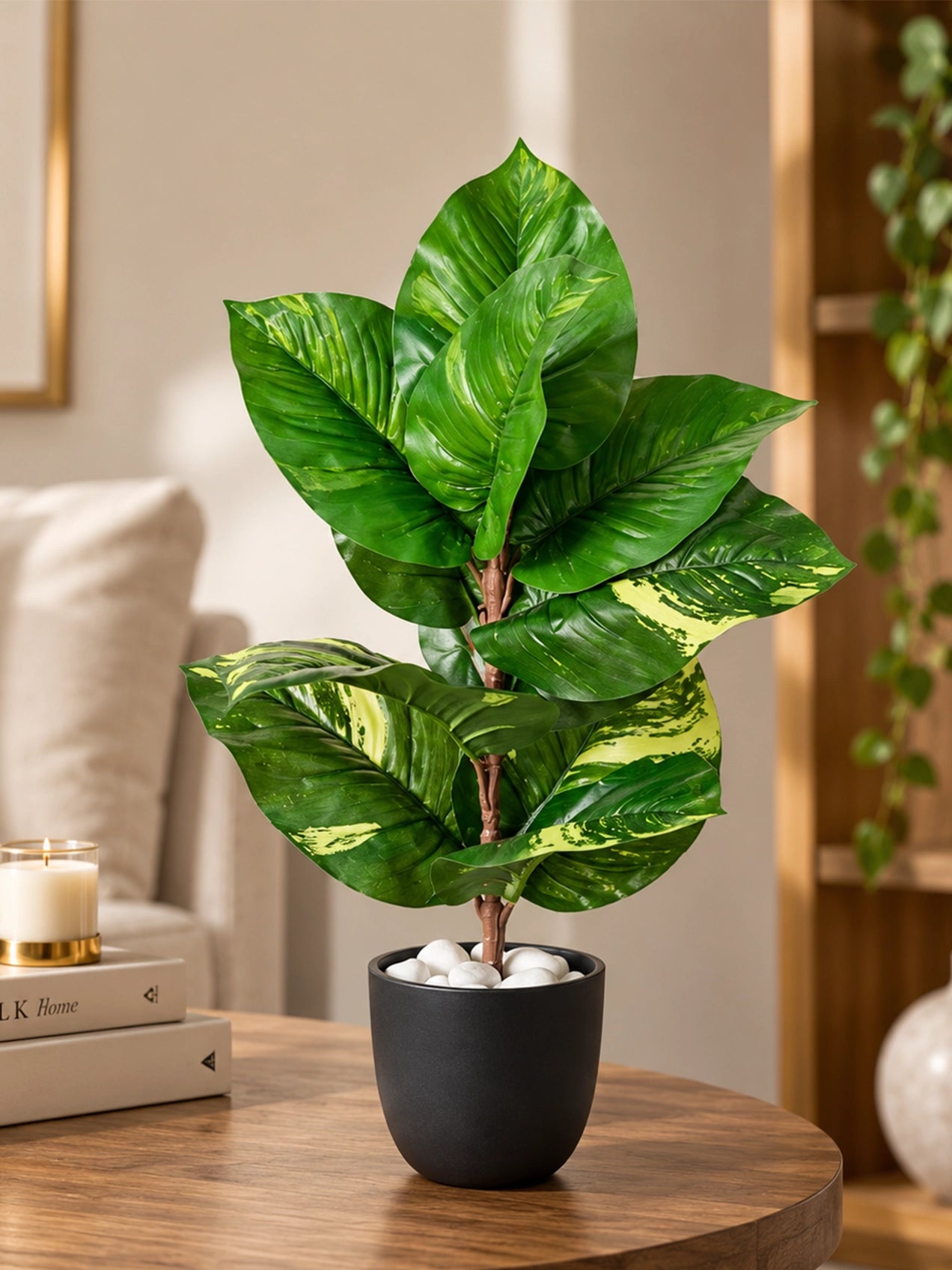 Artificial Dieffenbachia Honeydew Plant | 50 cm | 11 Leaves | With Basic Black Pot