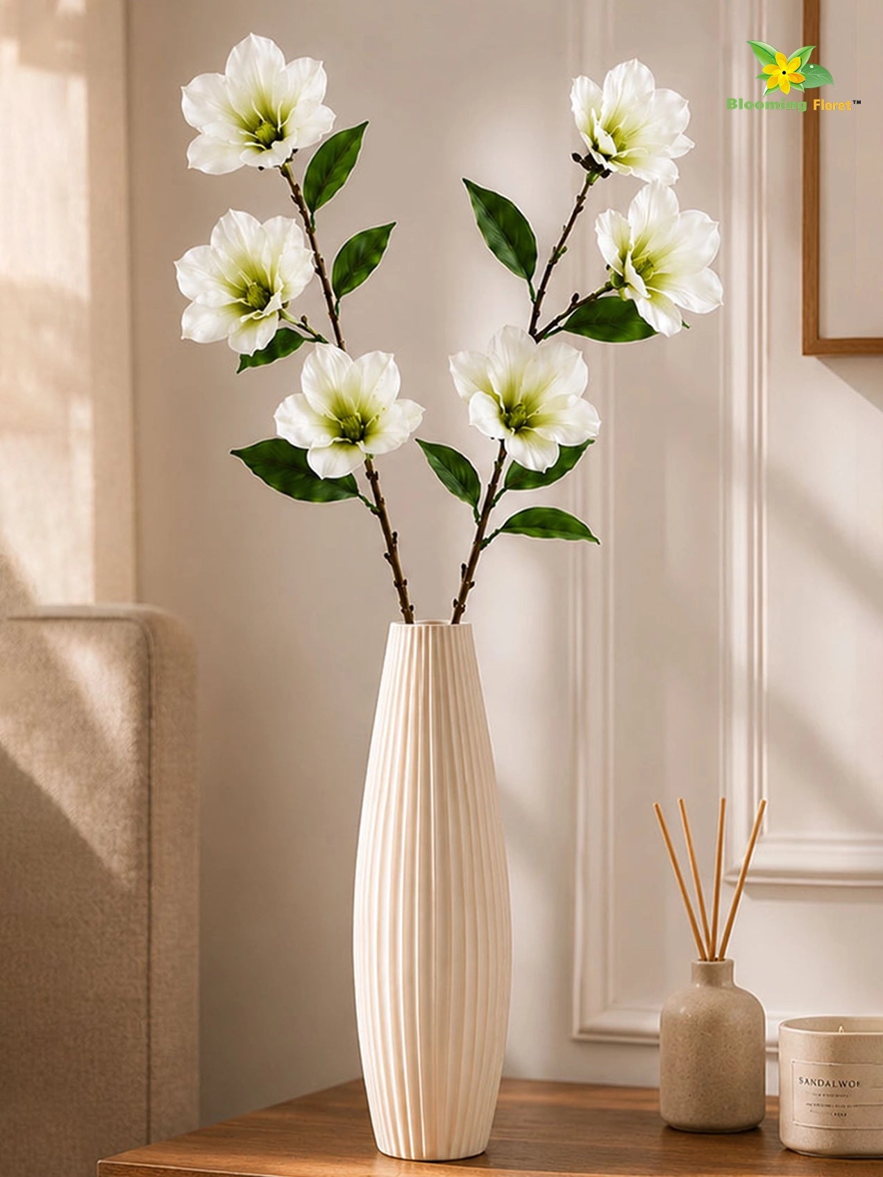 Magnolia Flower Stick | White & Green | 95 cm | Set of 2