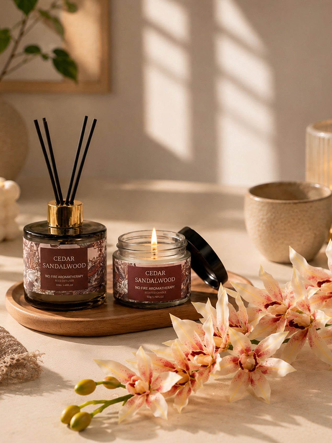 Cedar Sandalwood Candle & Diffuser Set with White & Pink Orchid