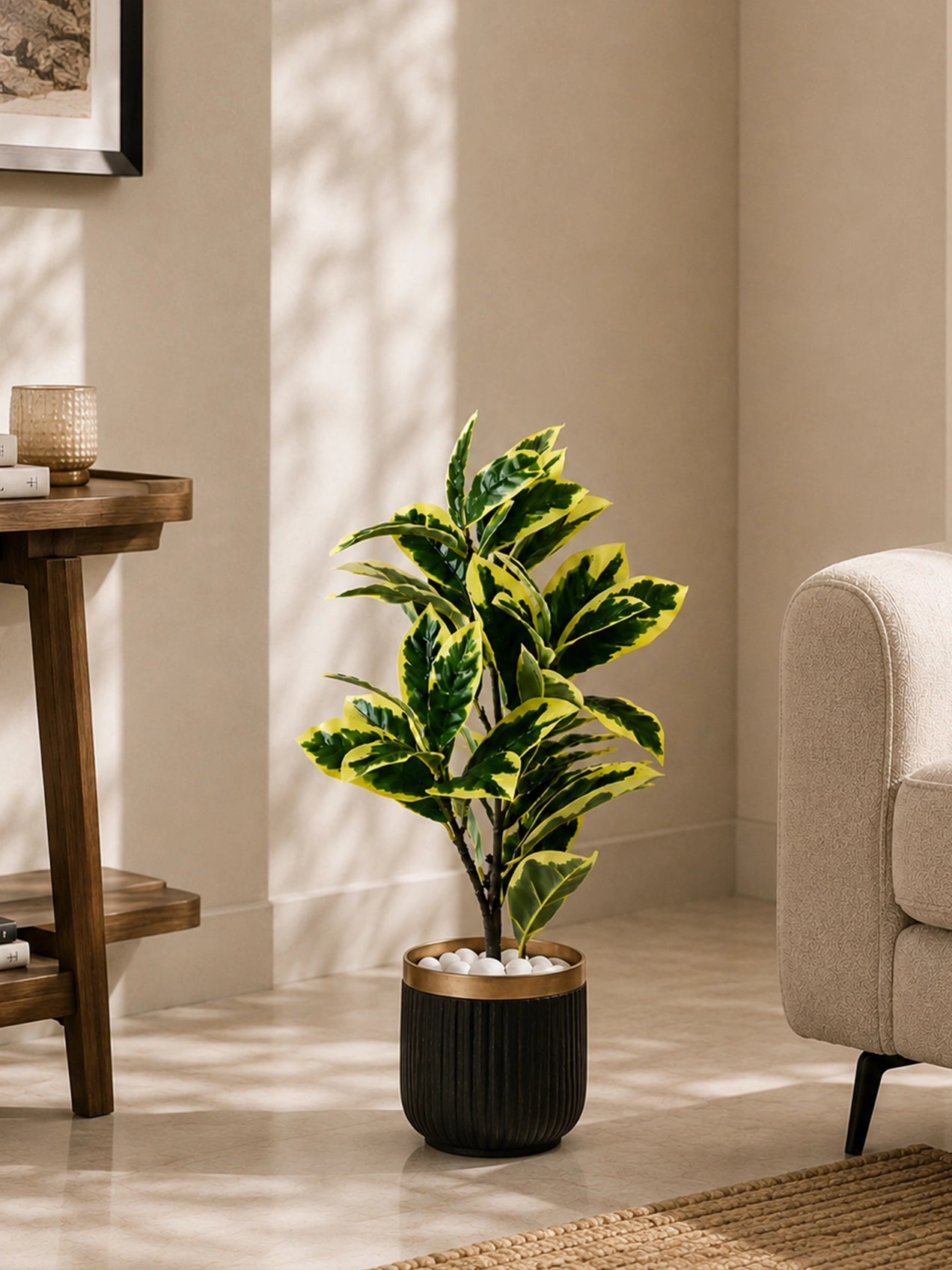 Artificial Pisonia Alba Plant | 66 cm | 30 Leaves | With Basic Pot