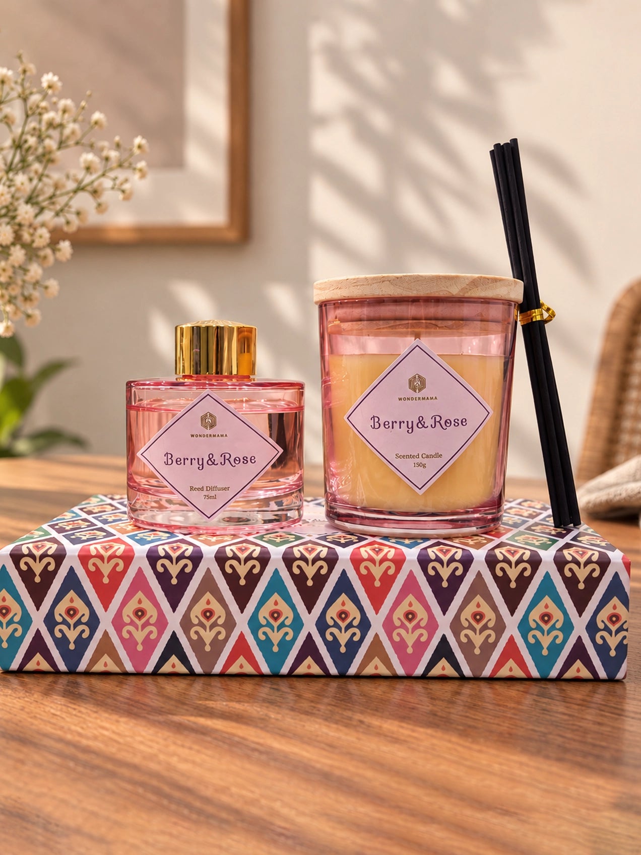 Reed Fragrance Diffuser & Candle Set | Berry & Rose | 26 cm