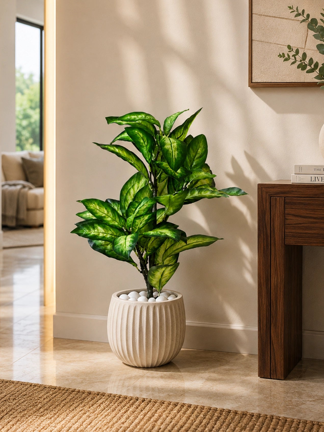 Artificial Dieffenbachia Seguine Plant | 66 cm | 15 Leaves | With Basic Pot