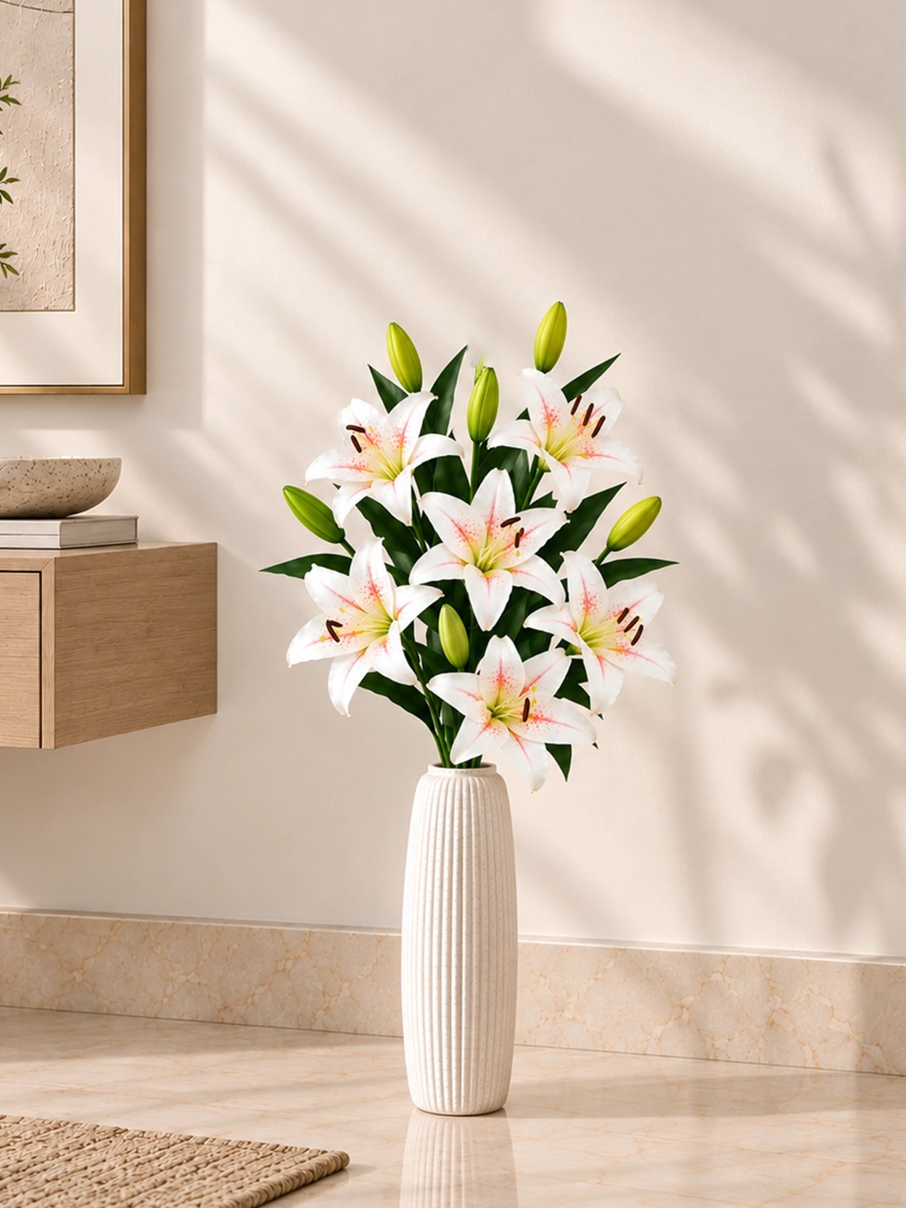 Artificial Lily Flower Stick | White & Yellow | 88 cm | Set of 2