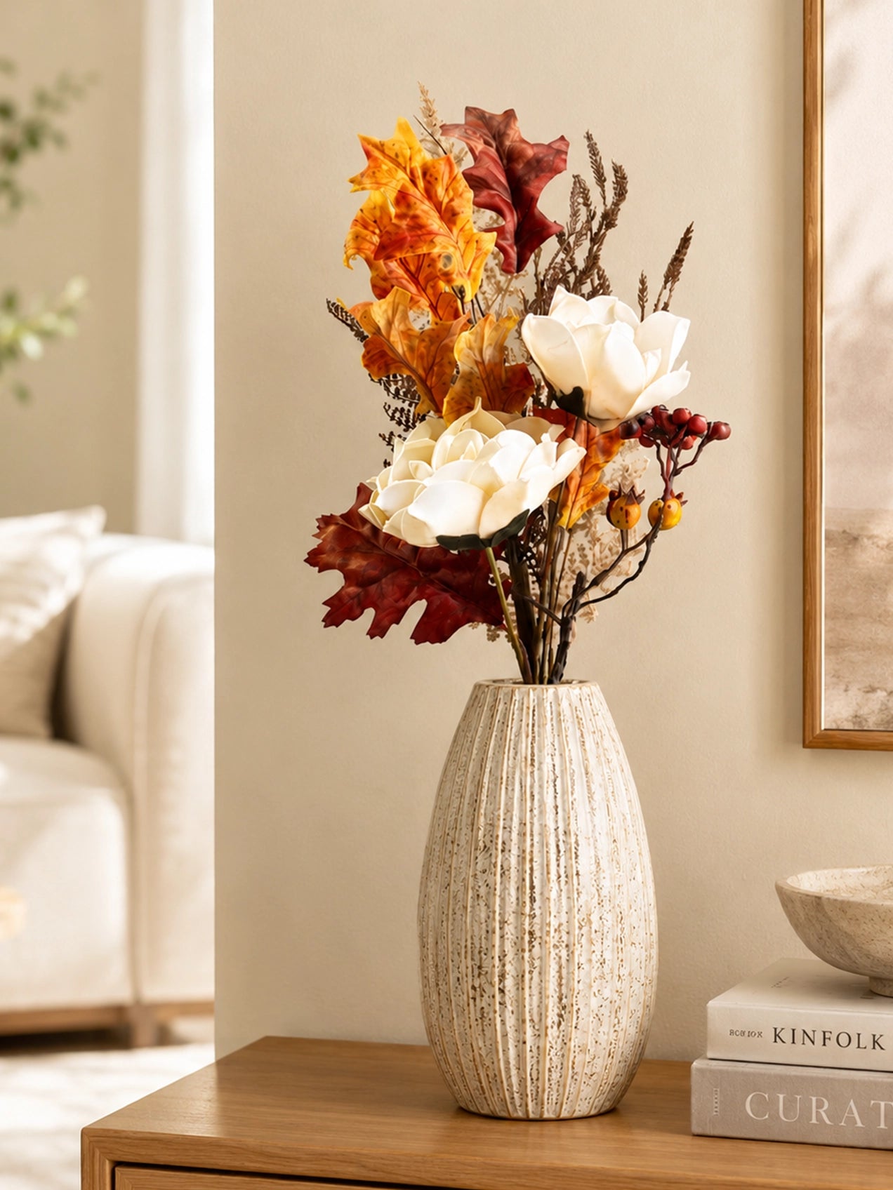 Dried Rose & Fall Leaves Bunch | Cream | 60 cm