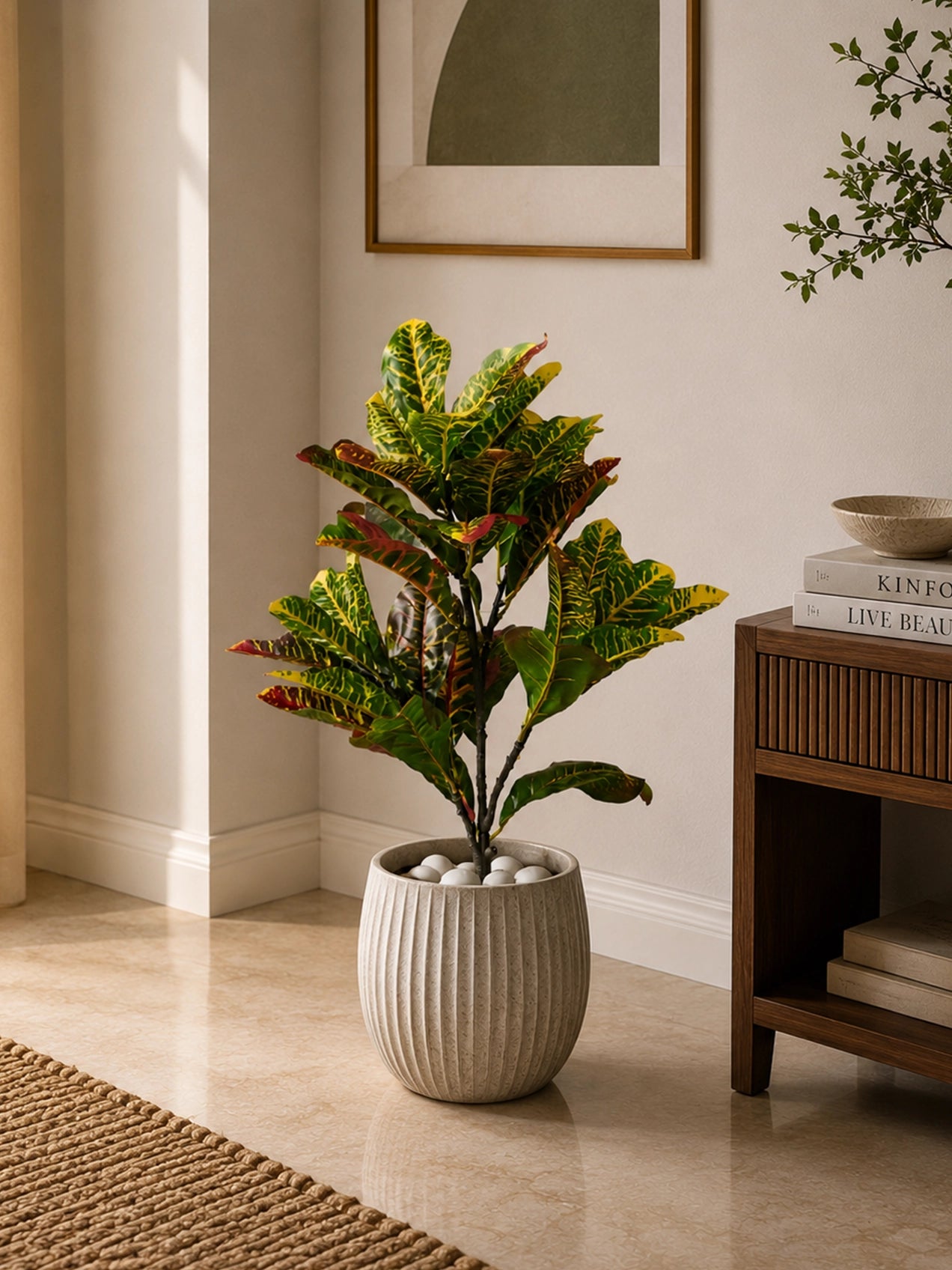 Artificial Croton Plant | 66 cm | 30 Leaves | With Basic Pot