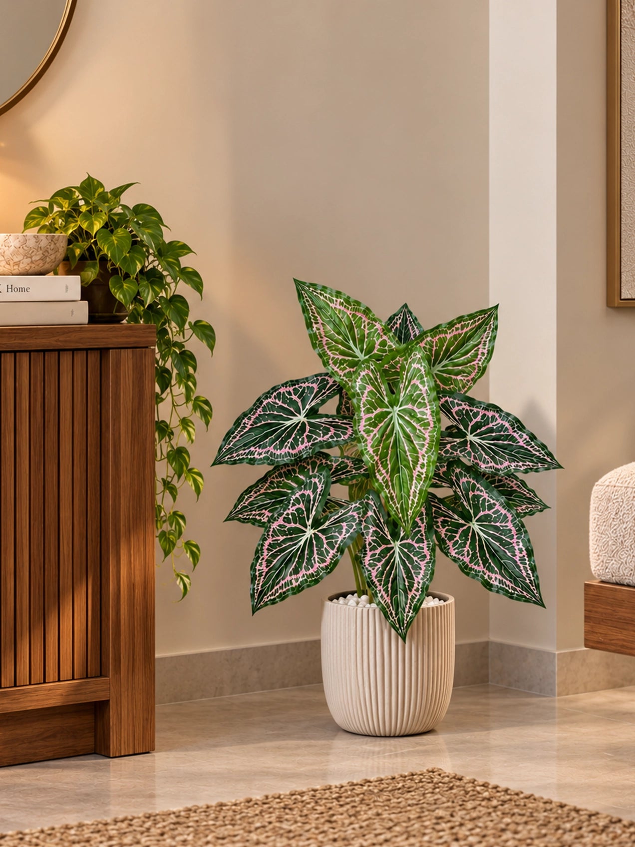 Artificial Web-Pattern Caladium Plant | 62 cm | 12 Leaves | With Basic Pot