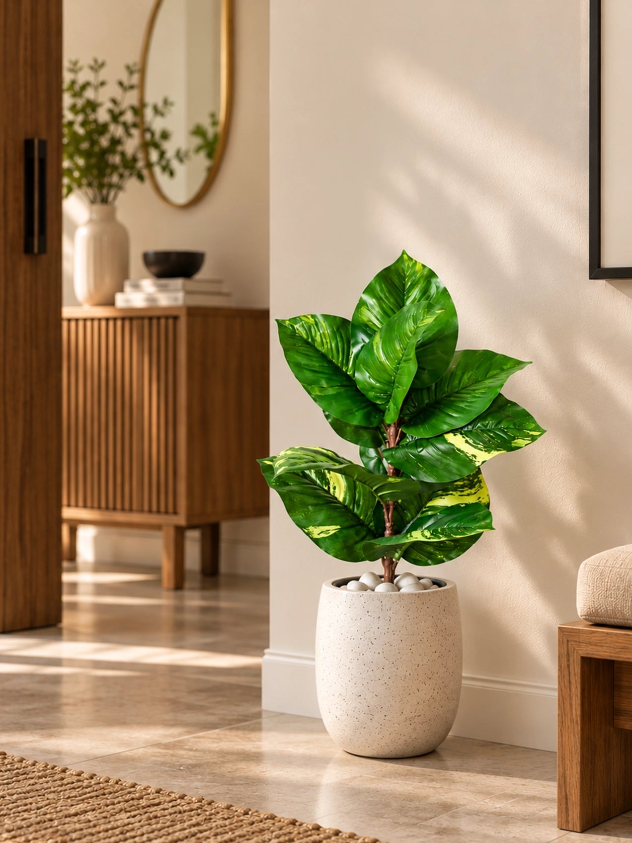 Artificial Dieffenbachia Honeydew Plant | 50 cm | 11 Leaves | With Basic Pot