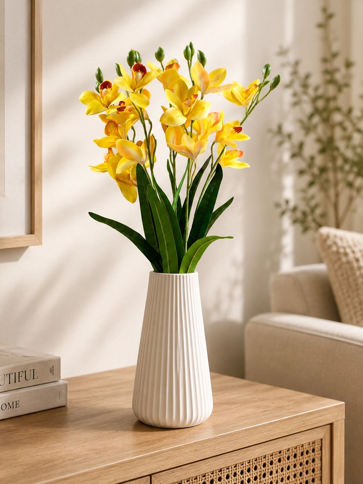 Artificial Cymbidium Orchid Flower Bunch | Yellow | 57 cm