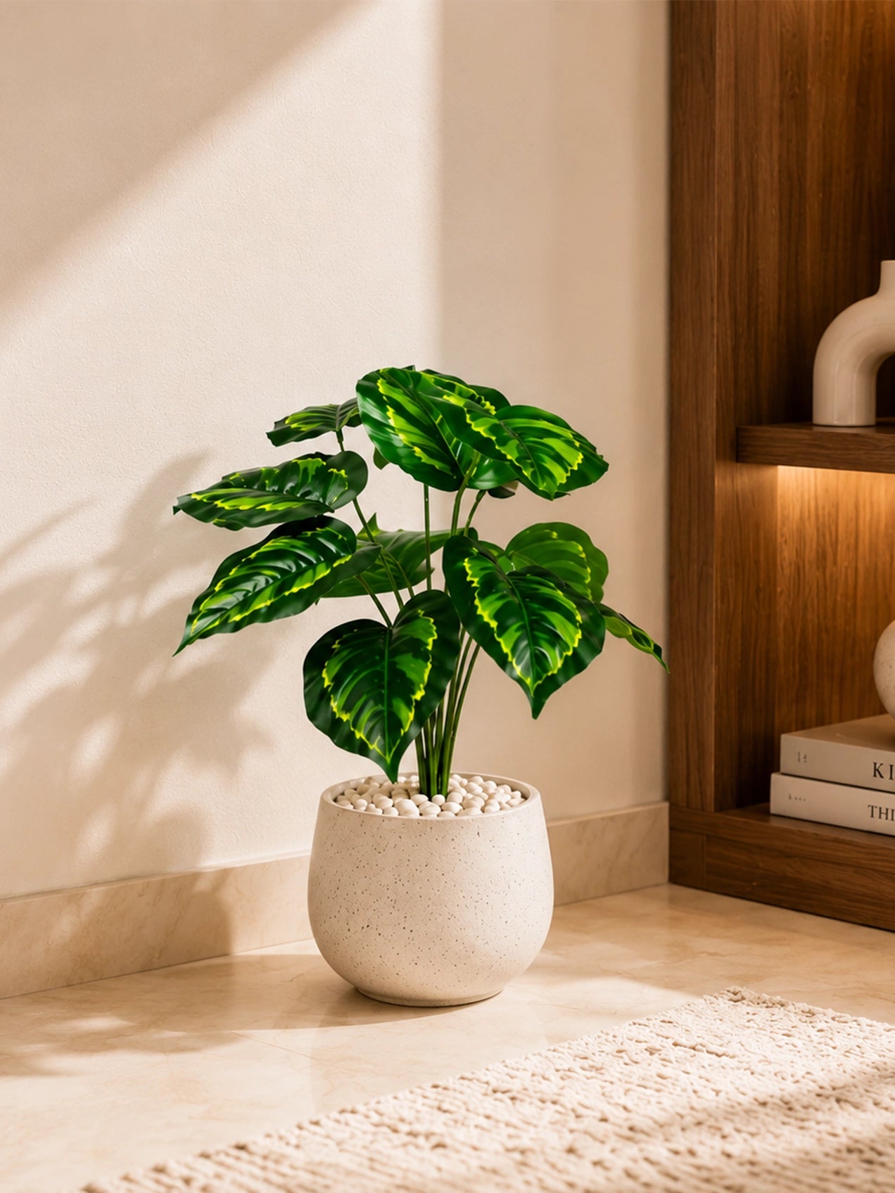 Artificial Philodendron Plant | Patterned Green Leaves | 50 cm | 12 Leaves | With Basic Pot