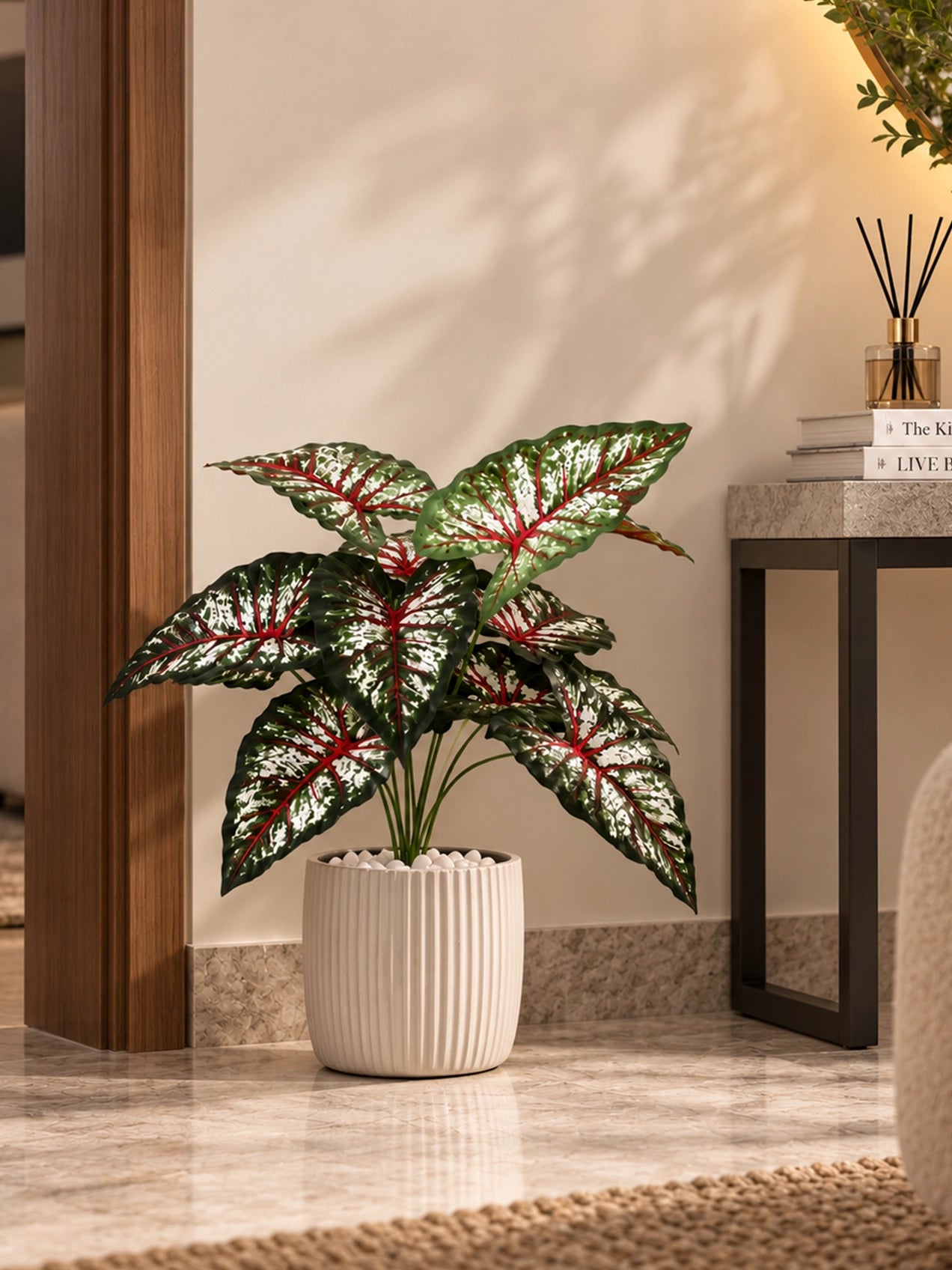 Artificial Caladium Plant | Green, Pink & White Patterned Leaves | 52 cm | 12 Leaves | With Basic Black Pot