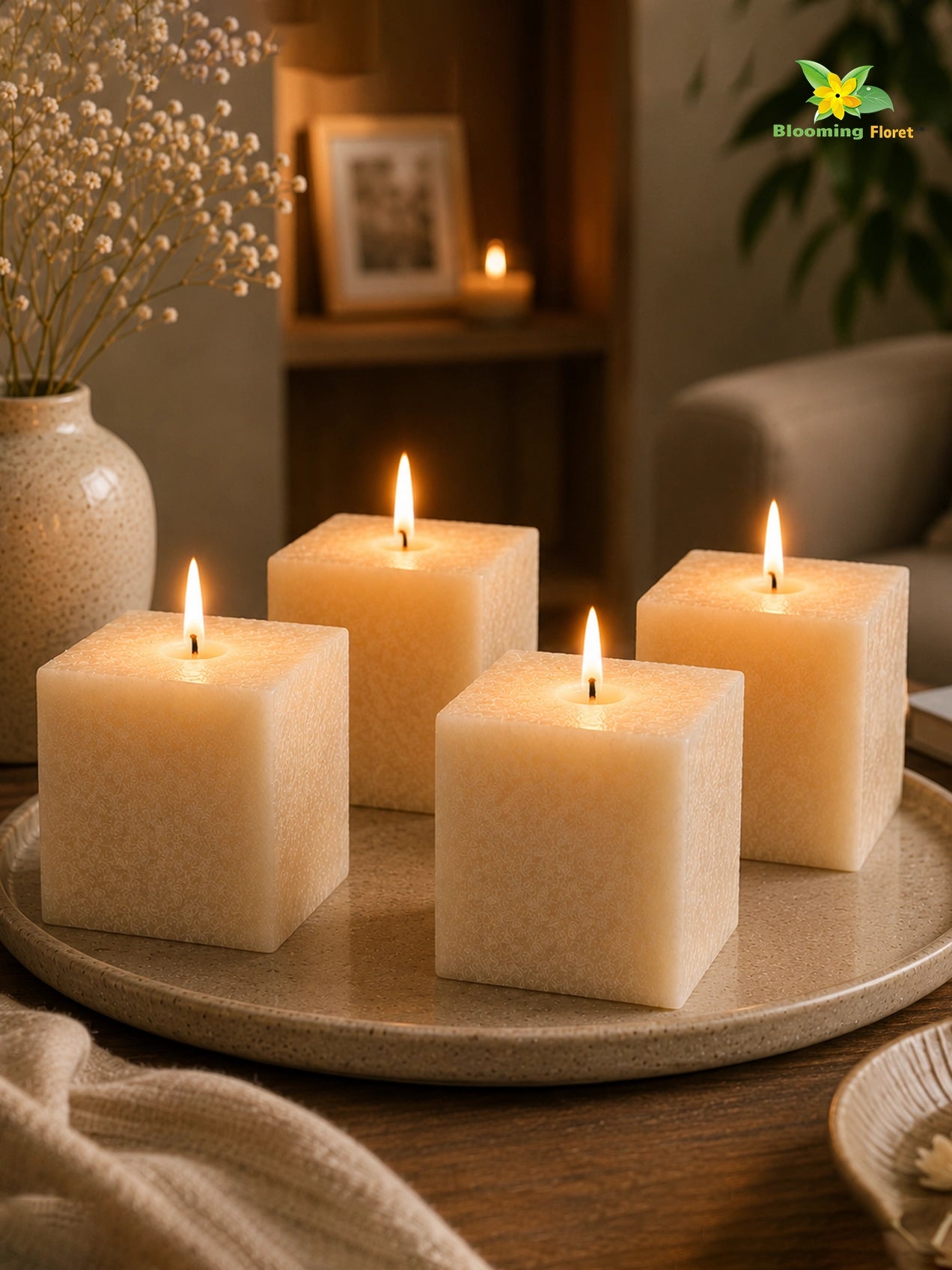 Scented Square Candle Expressions | Cream | 8 cm | Set of 4
