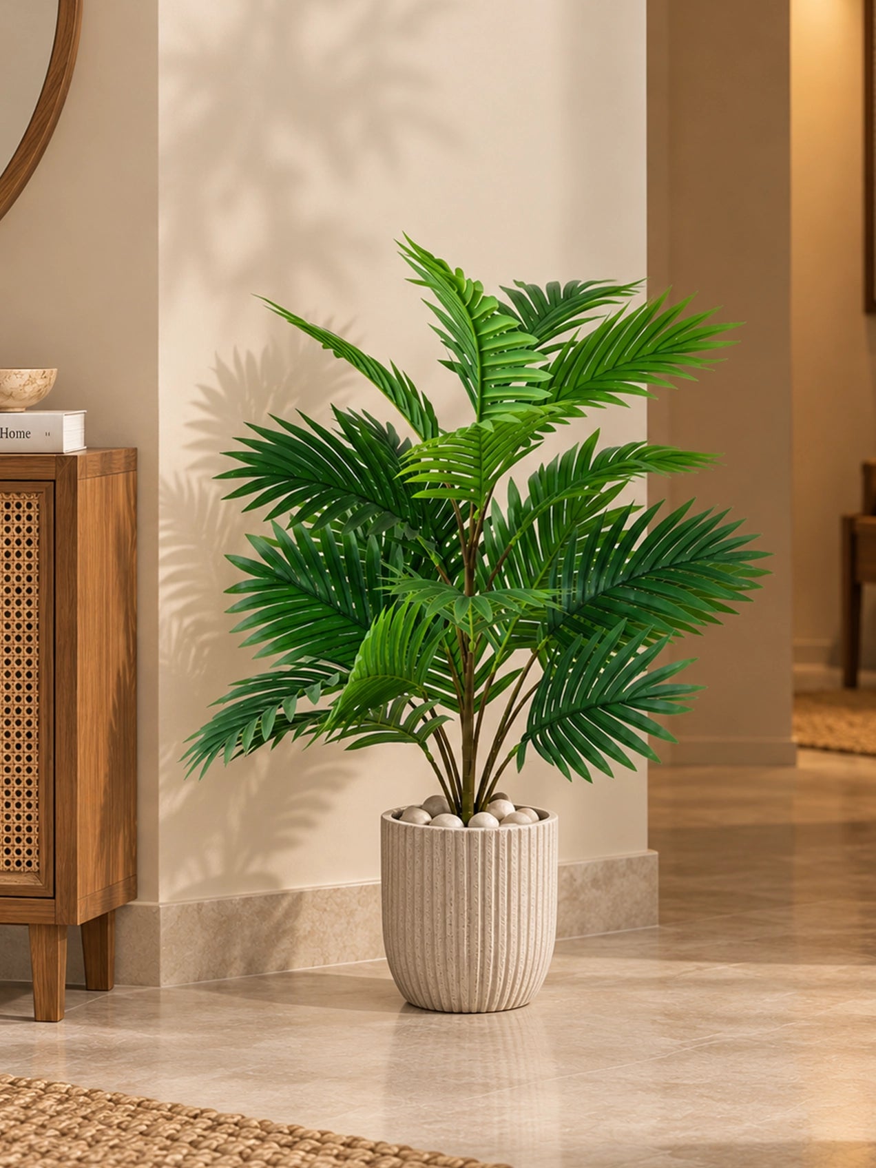 Artificial Areca Palm Plant | 63 cm | 21 Leaves | With Basic Black Pot