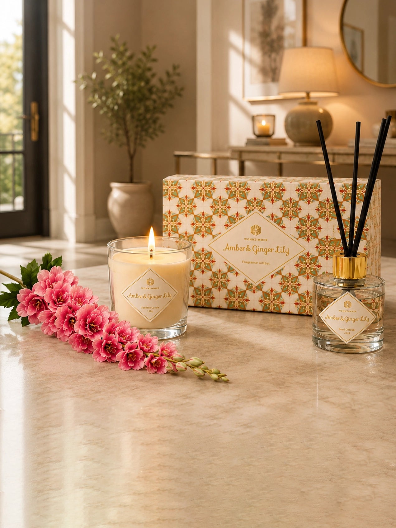 Amber Ginger & Lily Candle & Reed Diffuser Set with Pink Delphinium