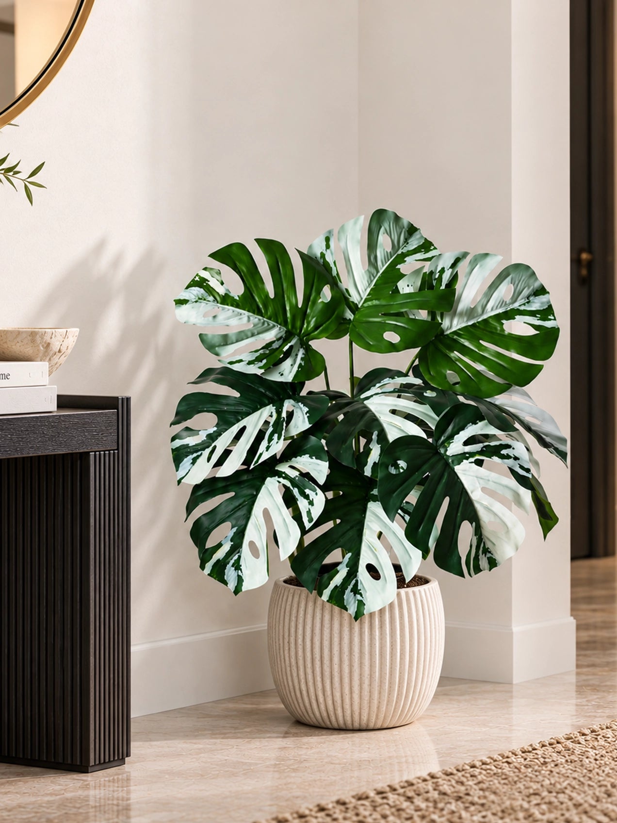 Artificial Monstera Plant | Green-Grey Leaves | 50 cm | 12 Leaves | With Basic Black Pot