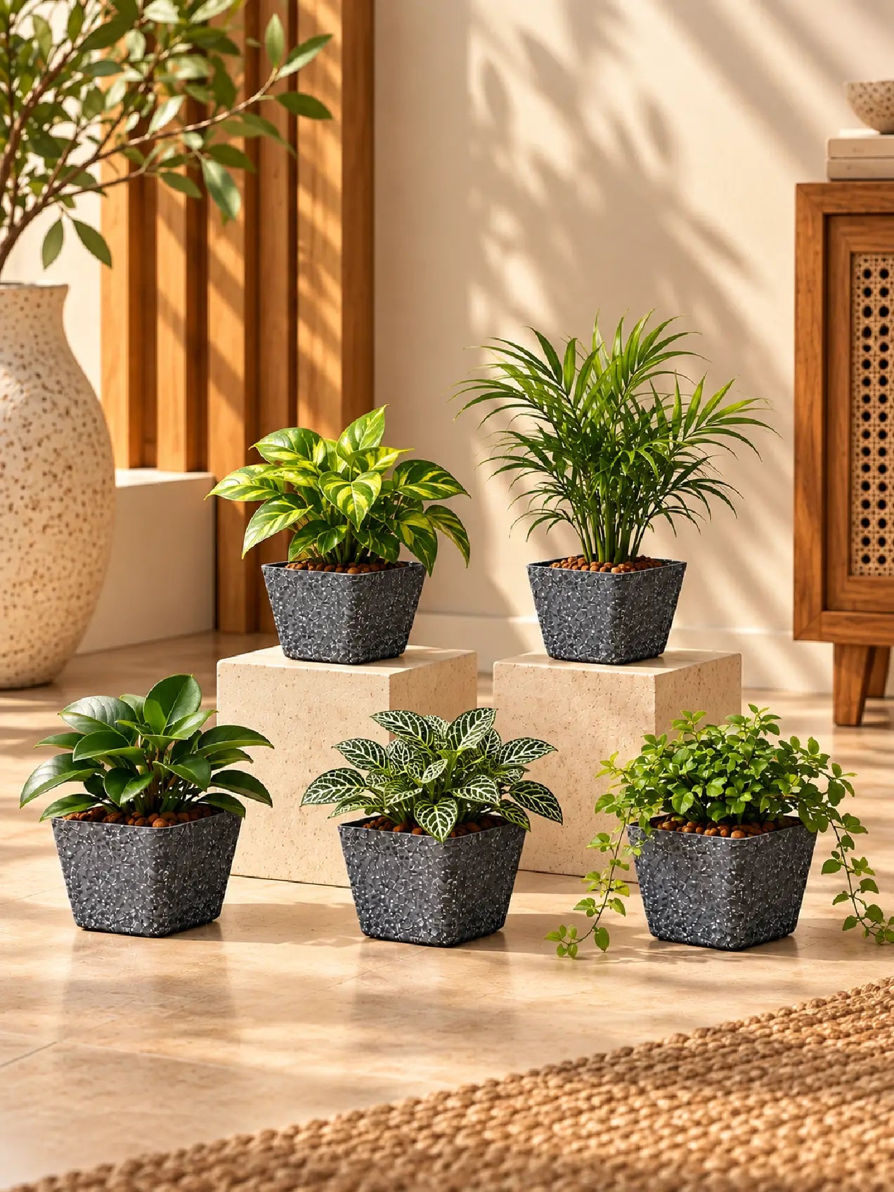 Coarse Textured Square Planter Pot | 13 cm | Set of 5