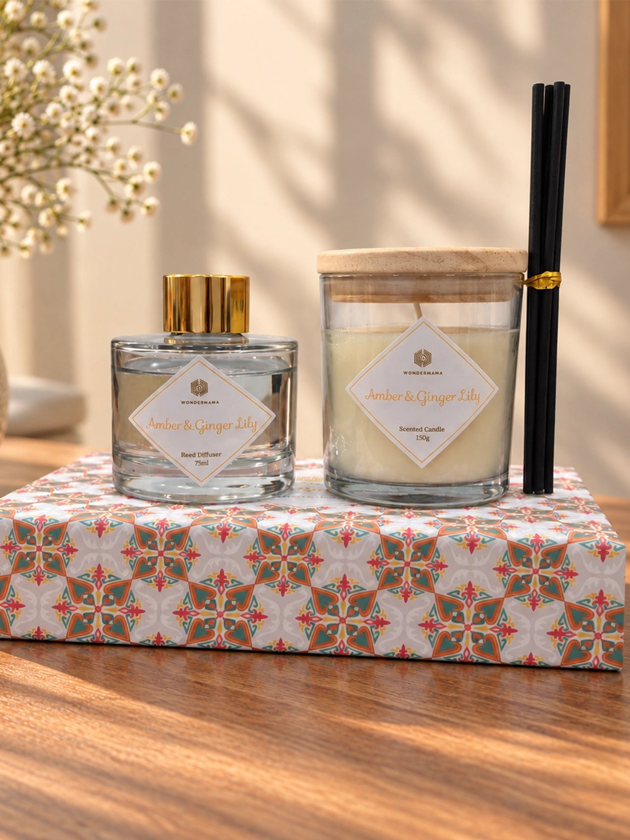 Reed Fragrance Diffuser & Candle Set | Amber Ginger & Lily | 26 cm