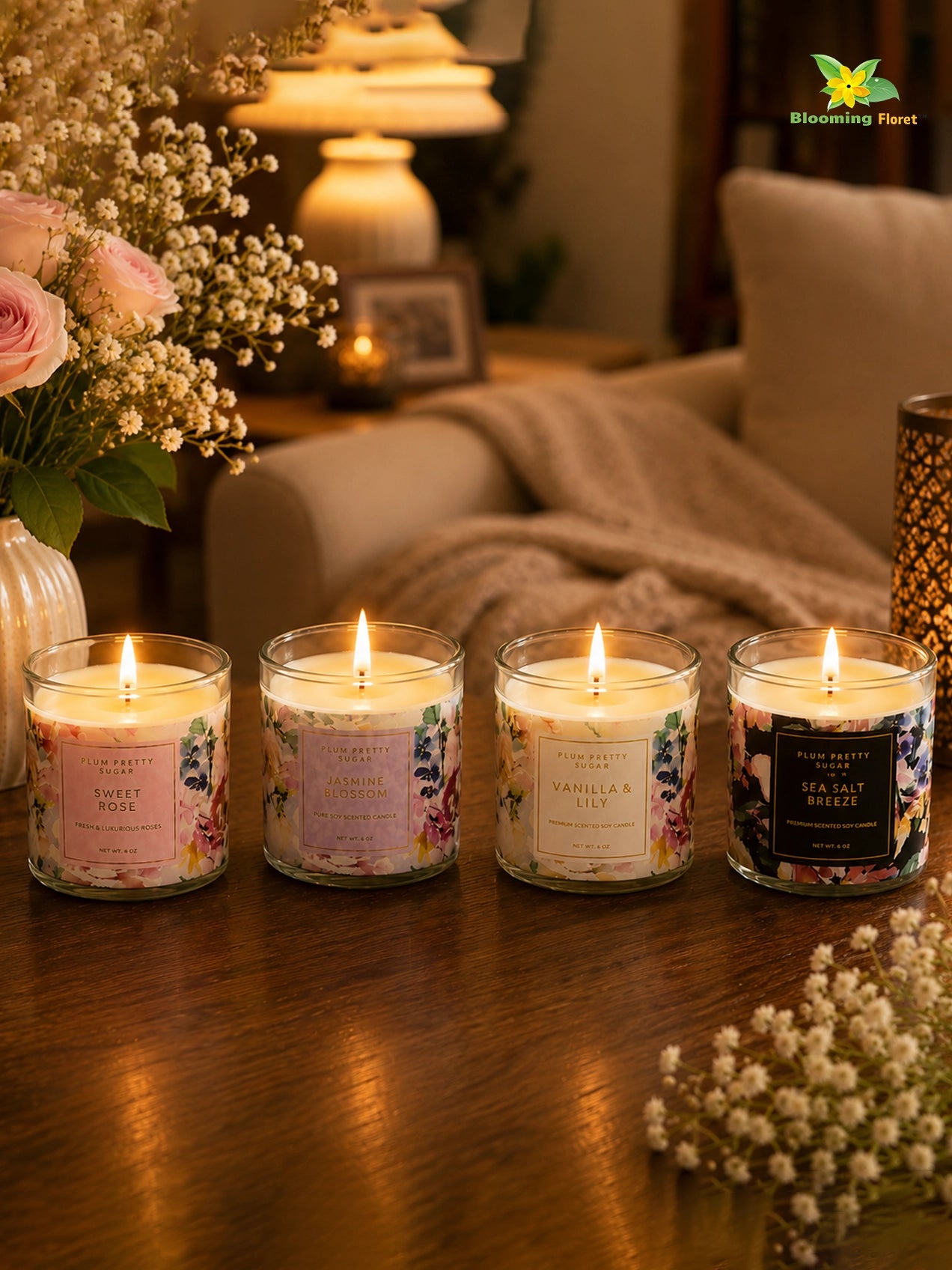 Sweet Rose, Jasmine Blossom, Vanilla Lily, Salt Salt Scented Candle Glass Jar | 6 cm | Set of 4