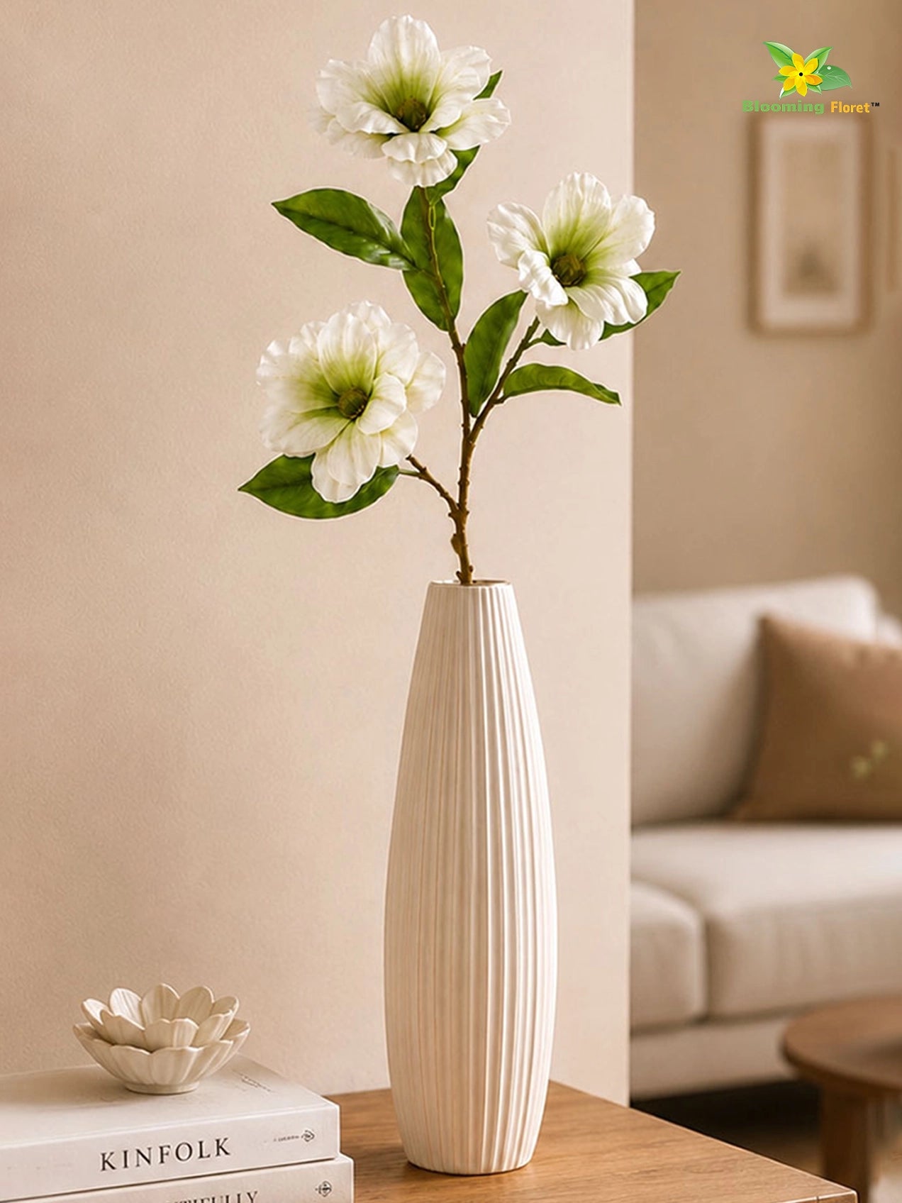 Magnolia Flower Stick | White, Green | 95 cm