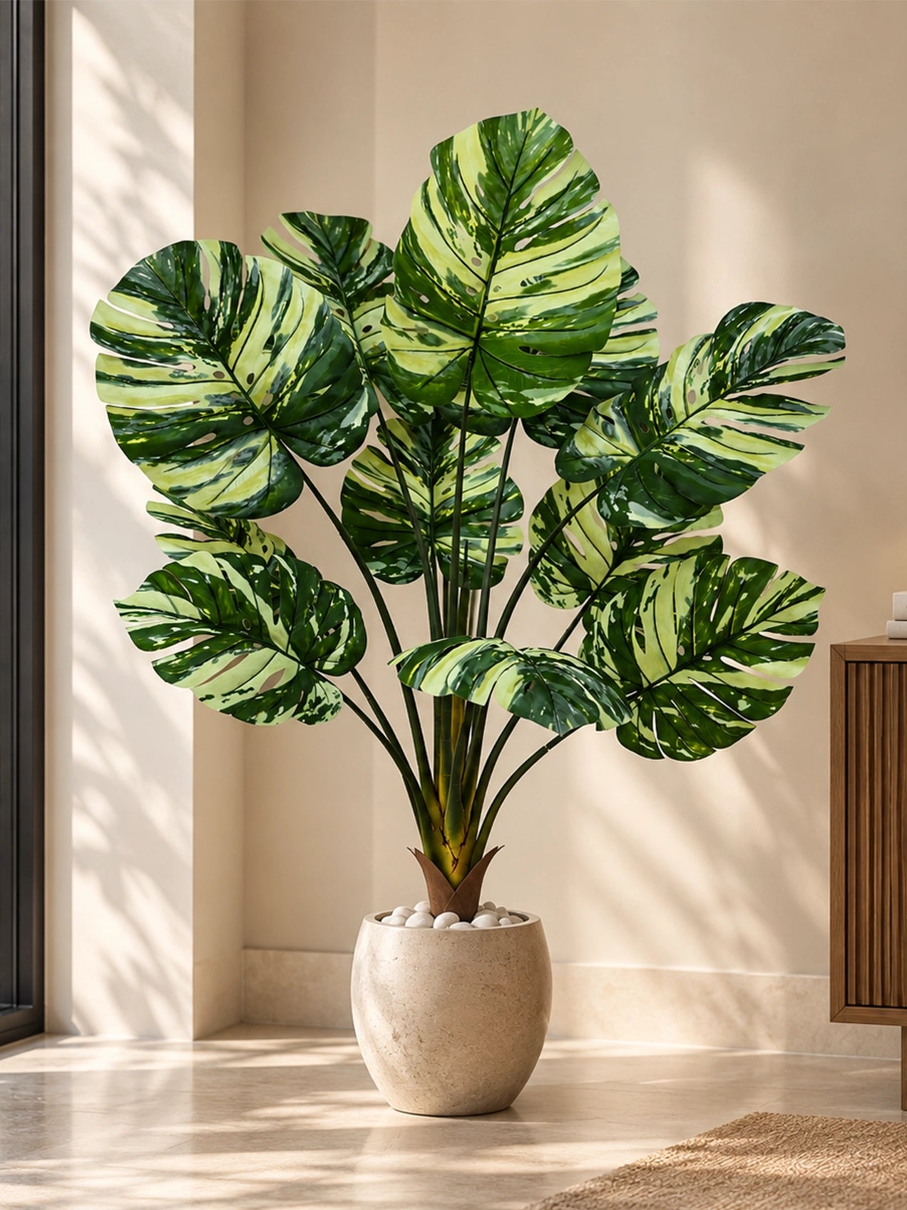 Artificial Monstera Tree Plant | Green Mix Leaves | 123 cm | 11 Leaves | With Basic Pot