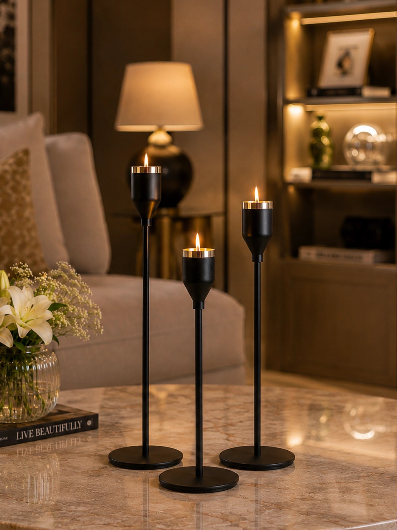 Candle Holder with Gold Accent | Matt Black | Set of 3