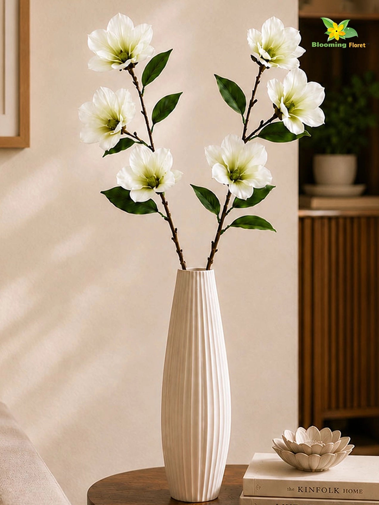 Magnolia Flower Stick | White & Green | 95 cm | Set of 2