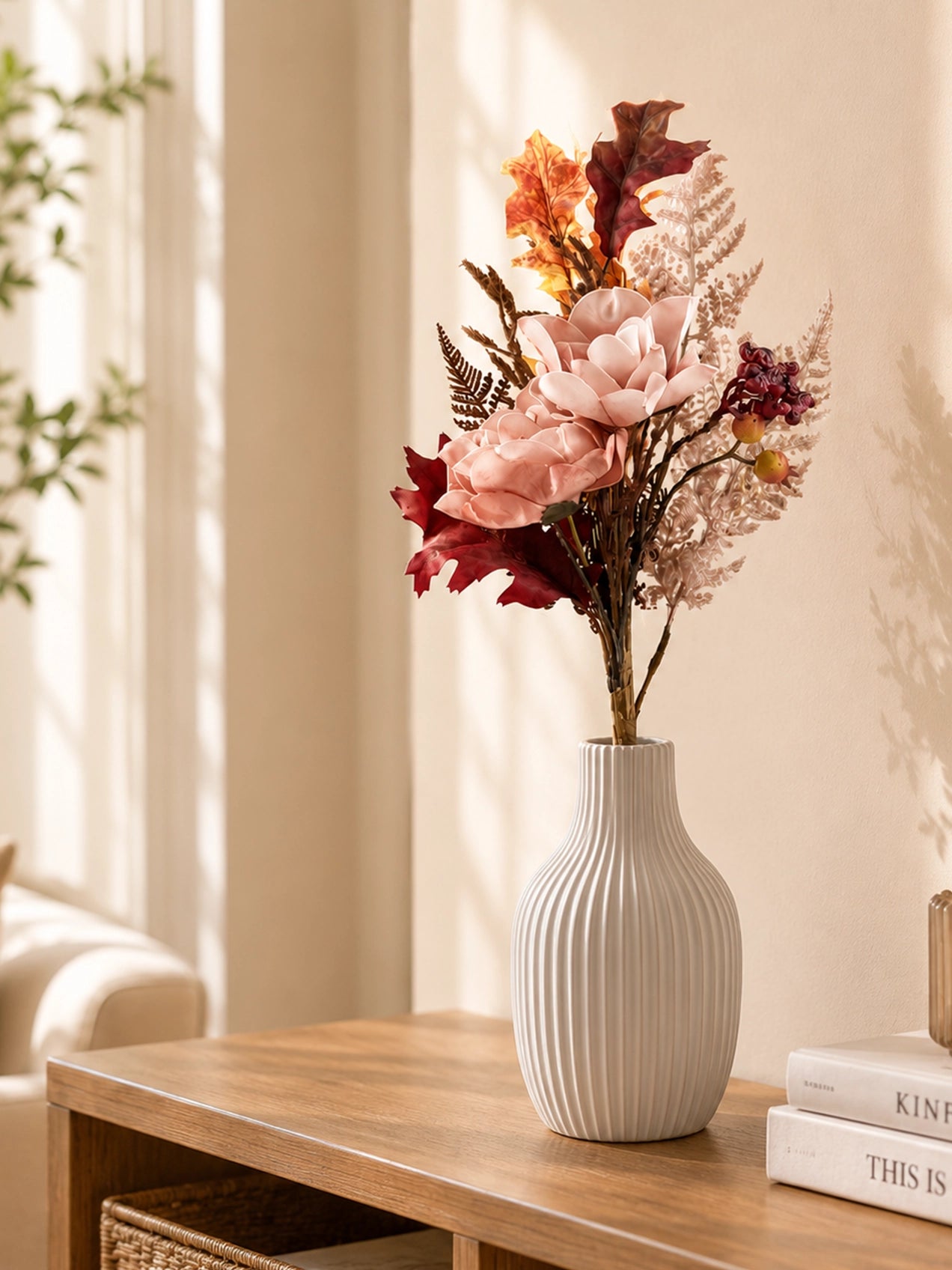 Dried Rose & Fall Leaves Bunch - Peach