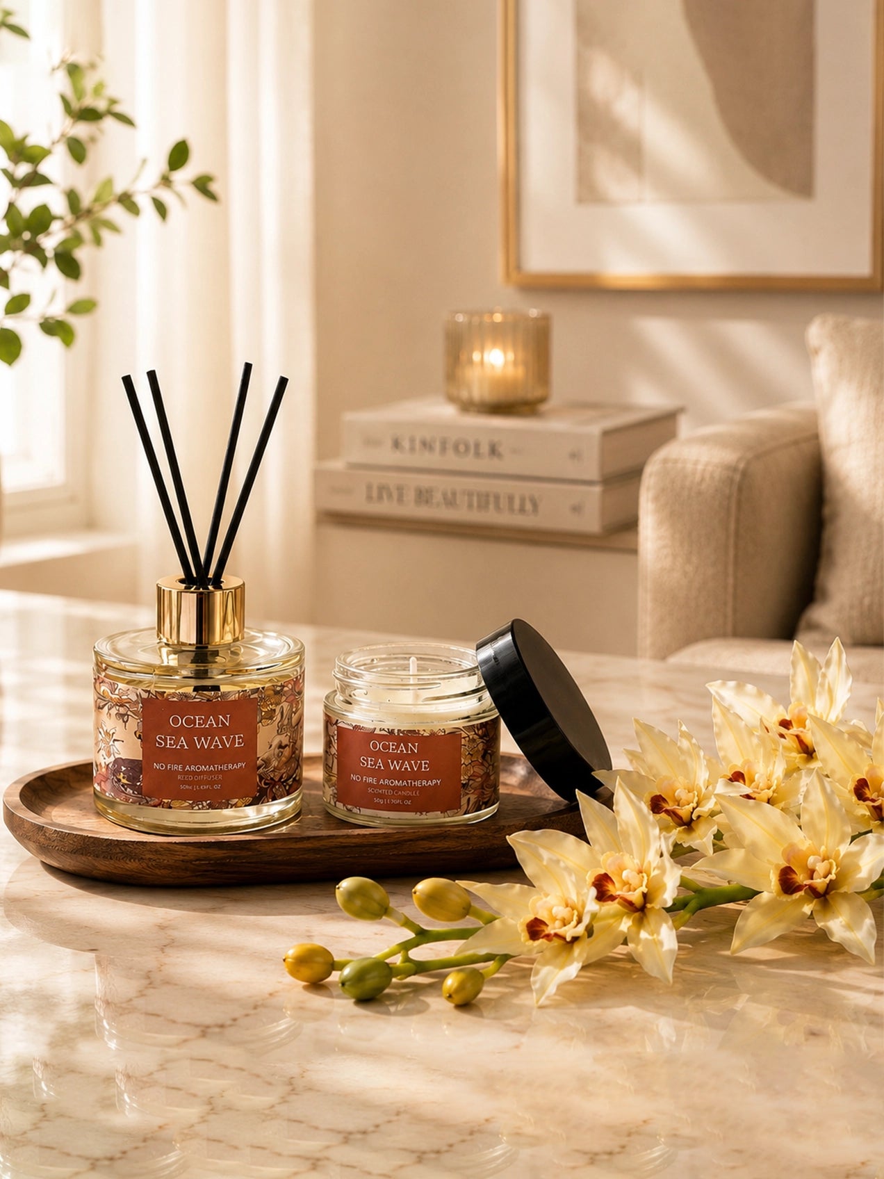 Ocean Sea Wave Candle & Diffuser Set with White Orchid