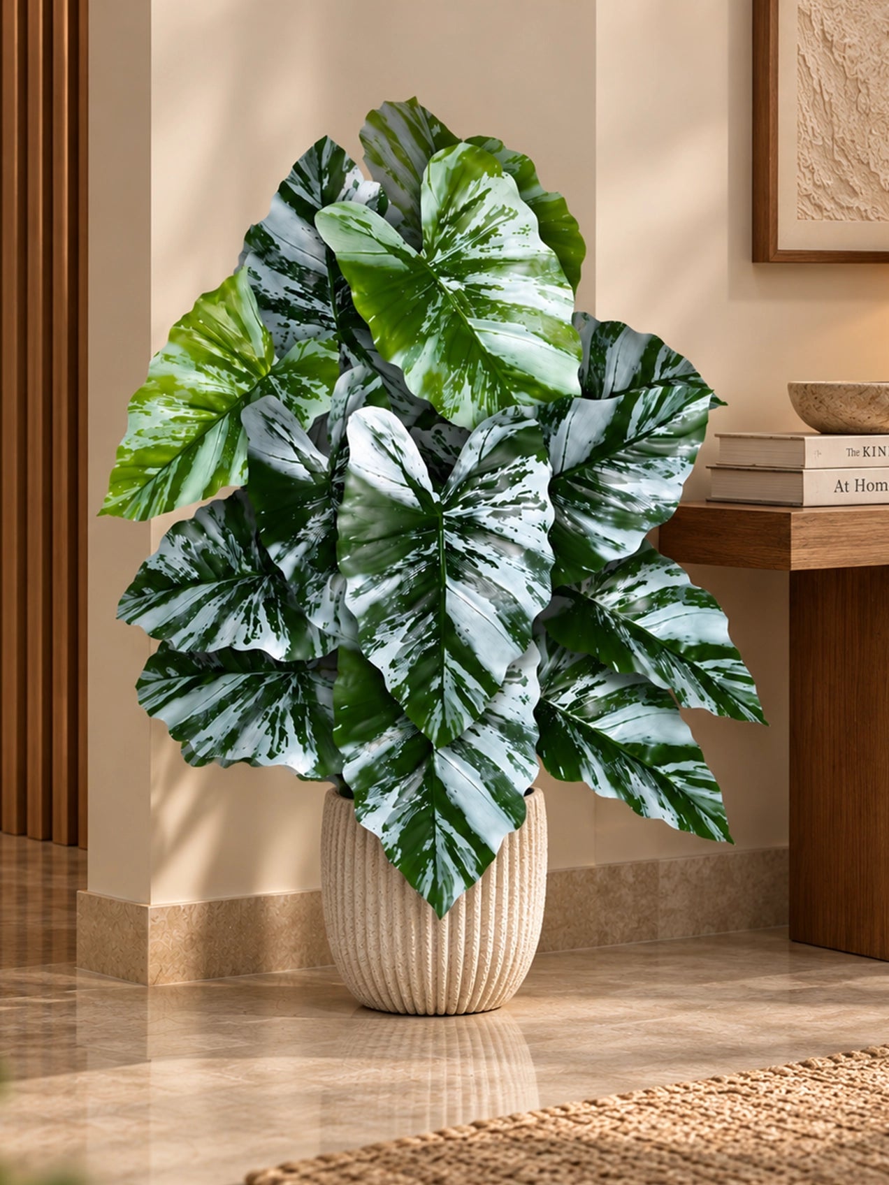 Artificial Tropical Caladium Plant | Green & White Leaves | 70 cm | 18 Leaves | With Basic Pot