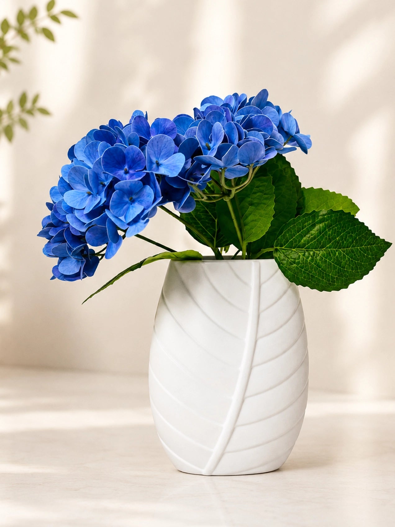 Leaf Impressed Ceramic Vase | White | 19 cm