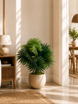 Artificial Fan Palm Plant | Patterned Green Leaves | 52 cm | 12 Leaves | With Basic Black Pot