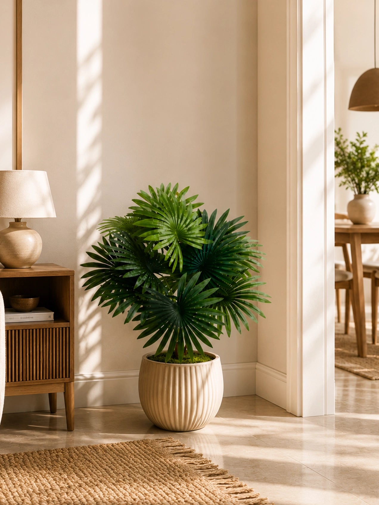 Artificial Fan Palm Plant | Patterned Green Leaves | 52 cm | 12 Leaves | With Basic Black Pot