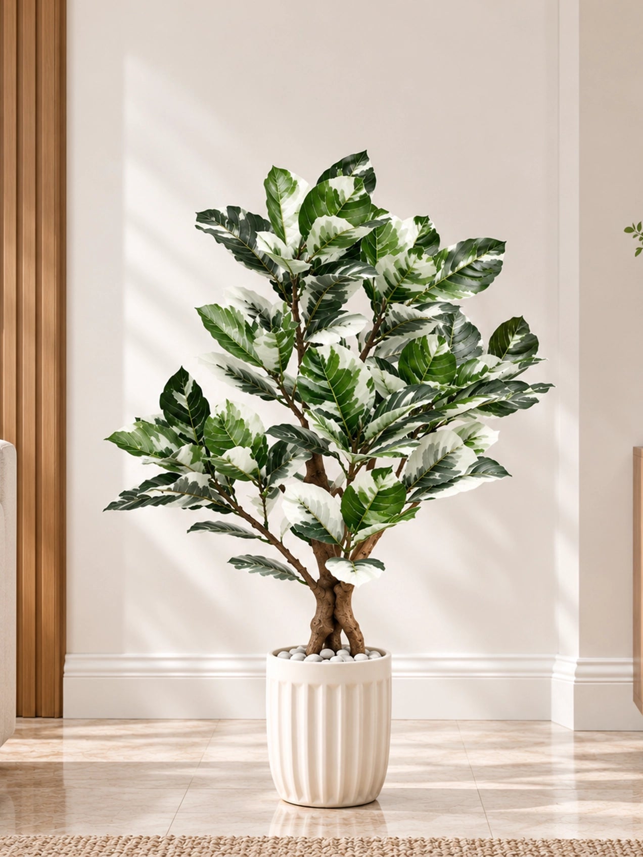 Artificial Croton Tree Plant | White Leaves | 110 cm | With Basic Pot