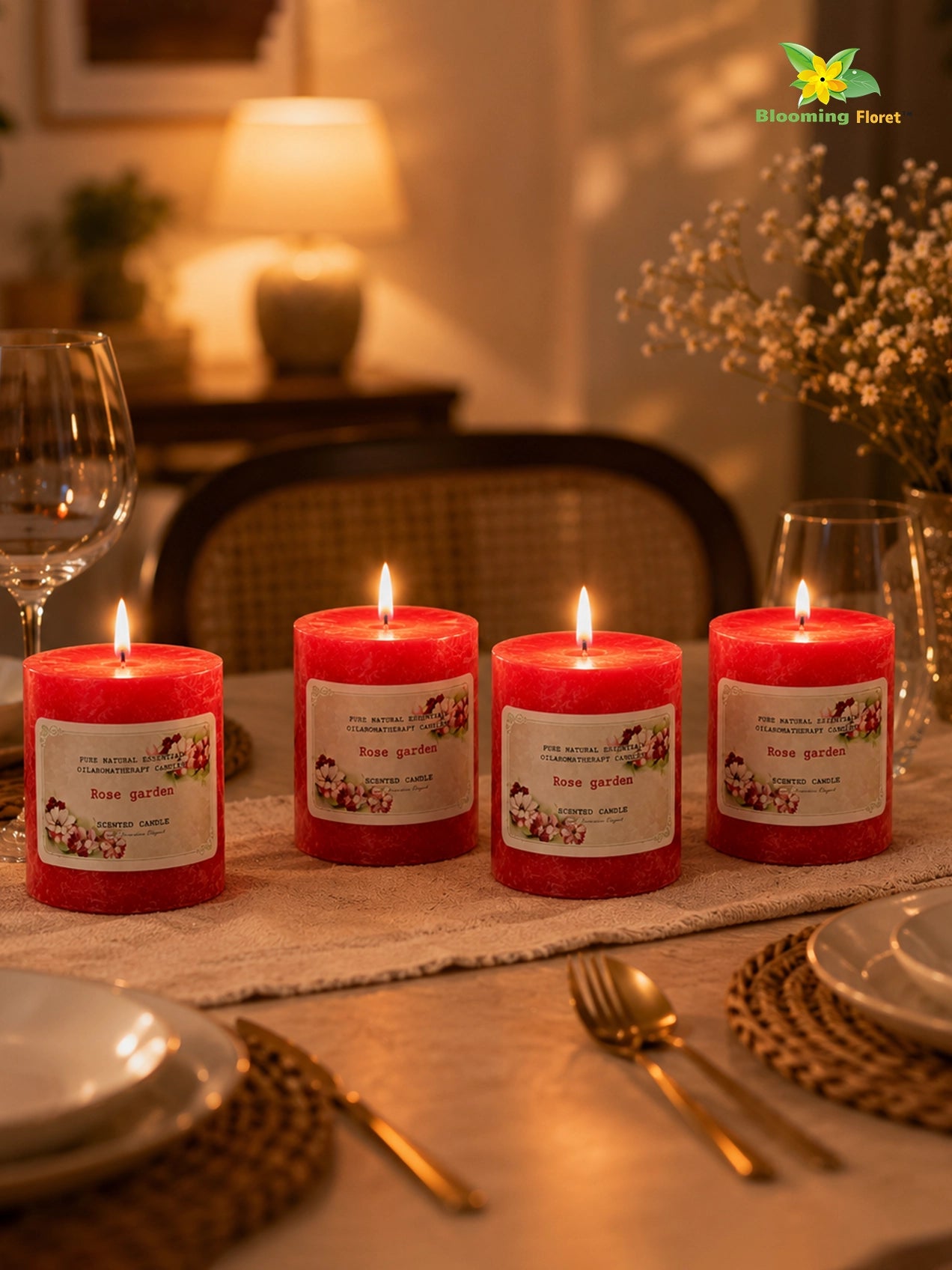 Rose Garden Scented Pillar Candle | 8 cm | Set of 4
