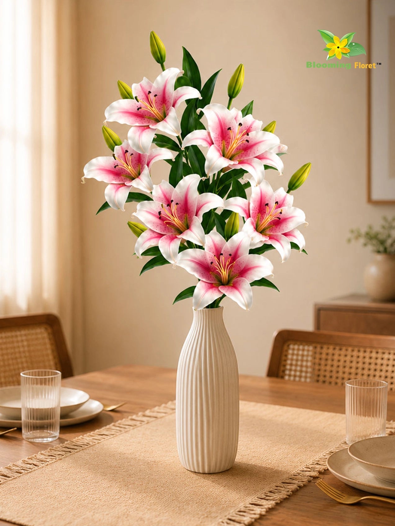 Artificial Lily Flower Stick | White & Dark Pink | 78 cm | Set of 2