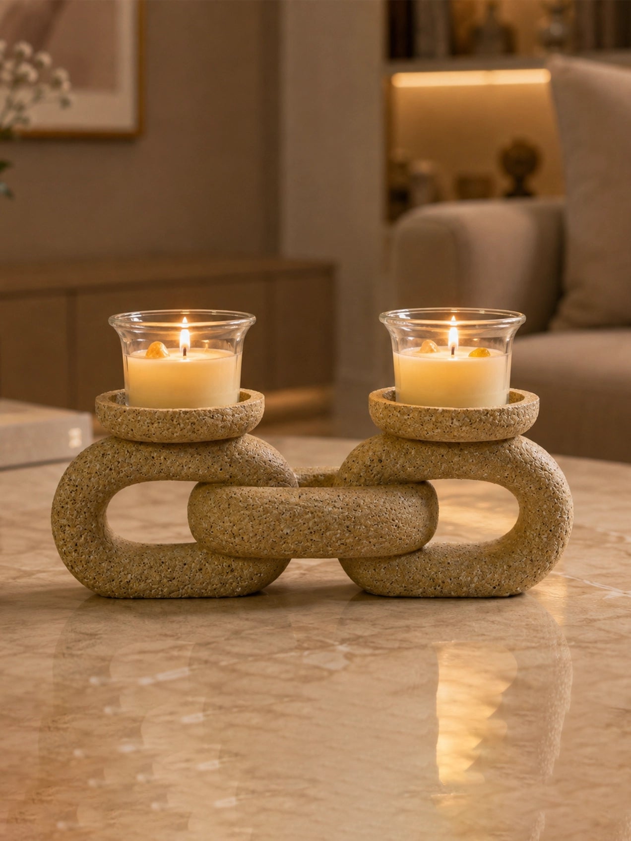Stone Dual Candle Holder | Beige | 20 cm