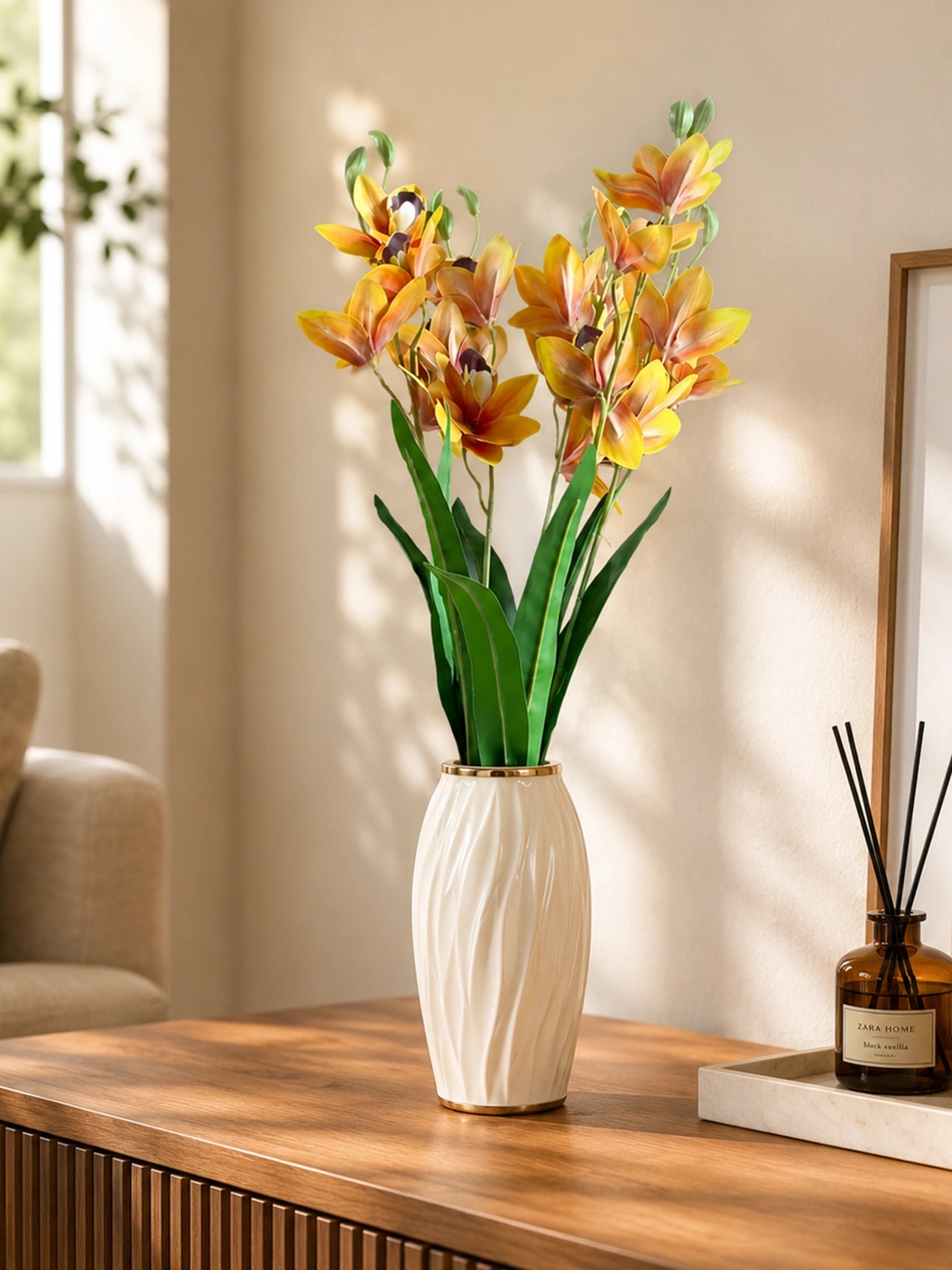 Artificial Cymbidium Orchid Flower Bunch | Orange | 57 cm