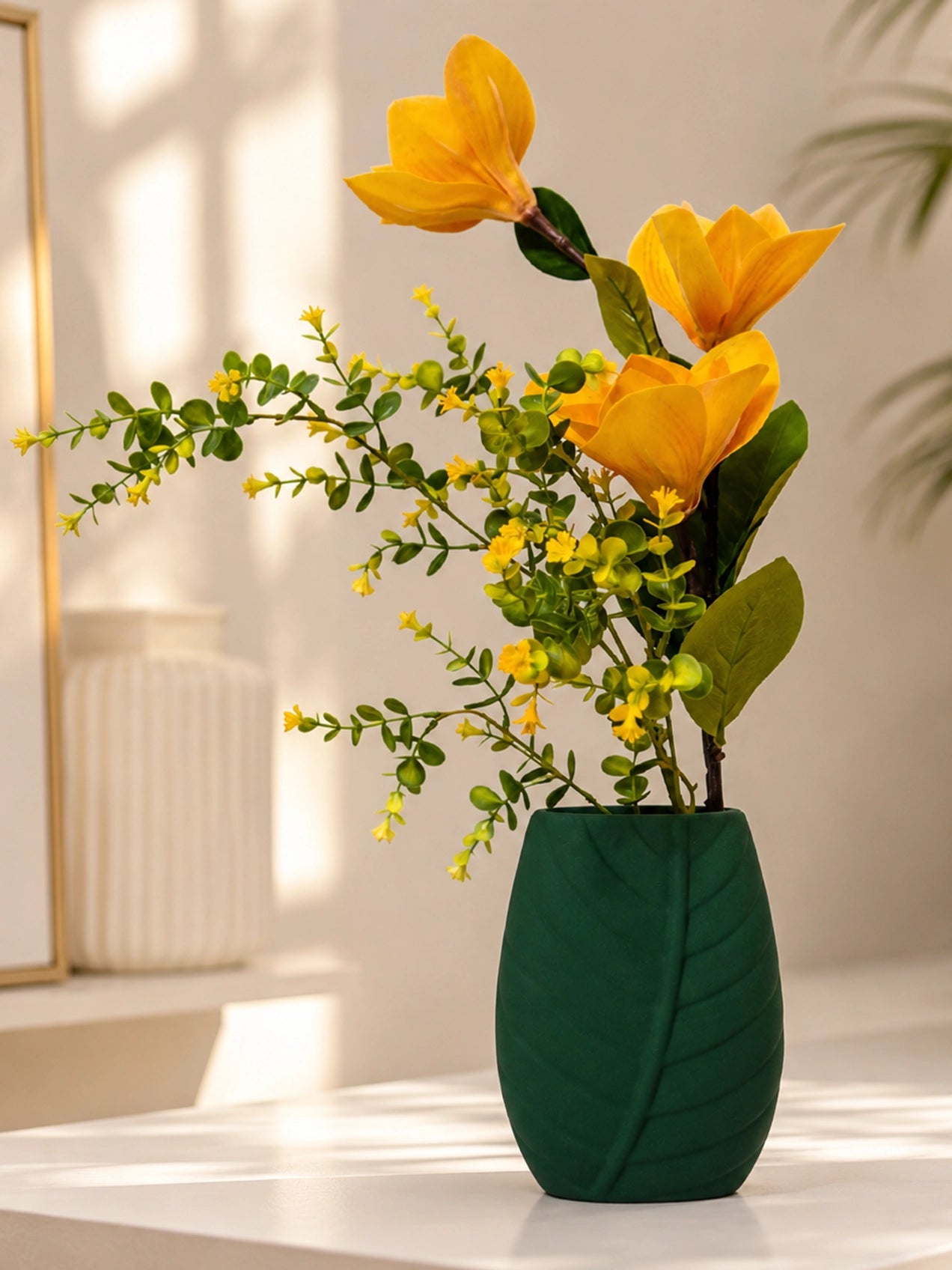 Leaf Impressed Ceramic Vase | Green | 19 cm