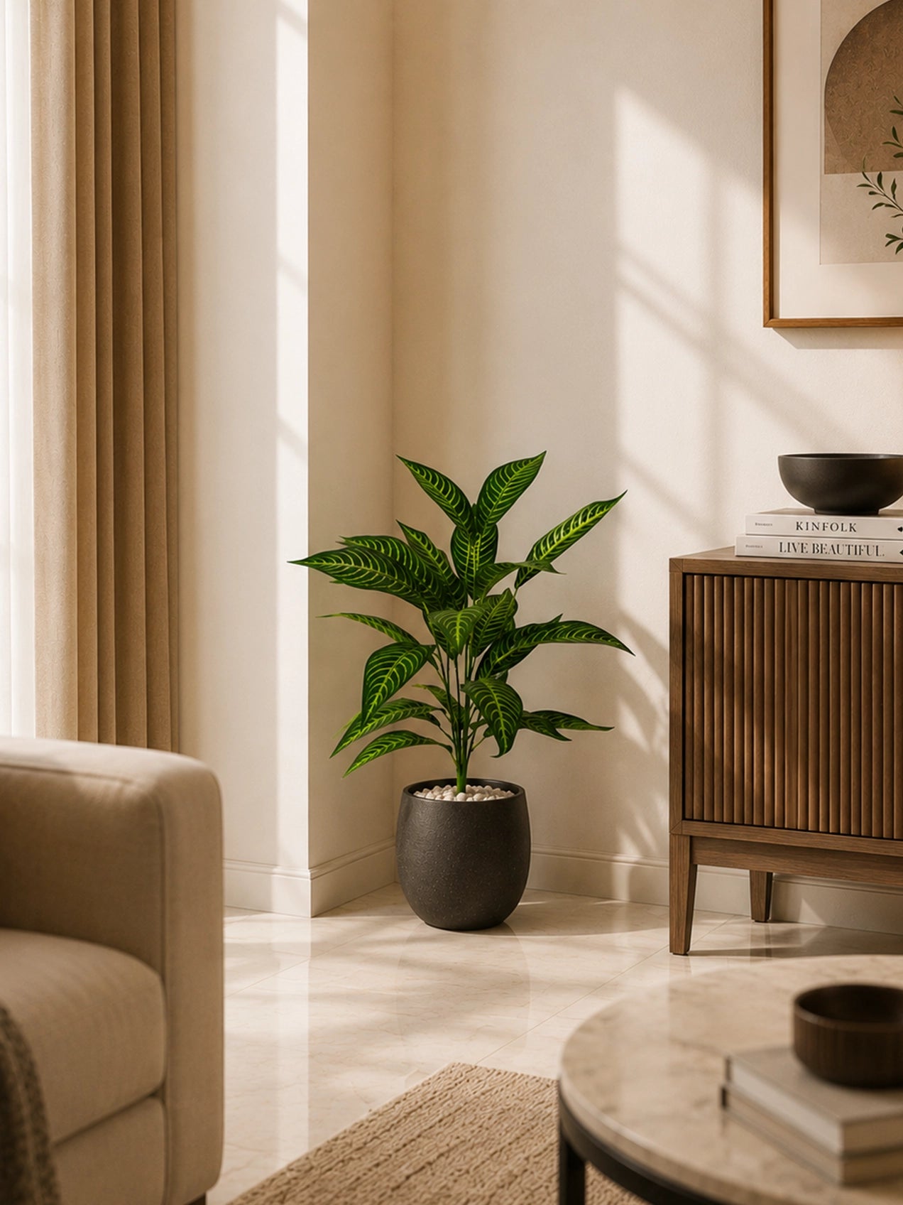 Artificial Green Iceton Croton Plant | 66 cm | 26 Leaves | With Basic Pot