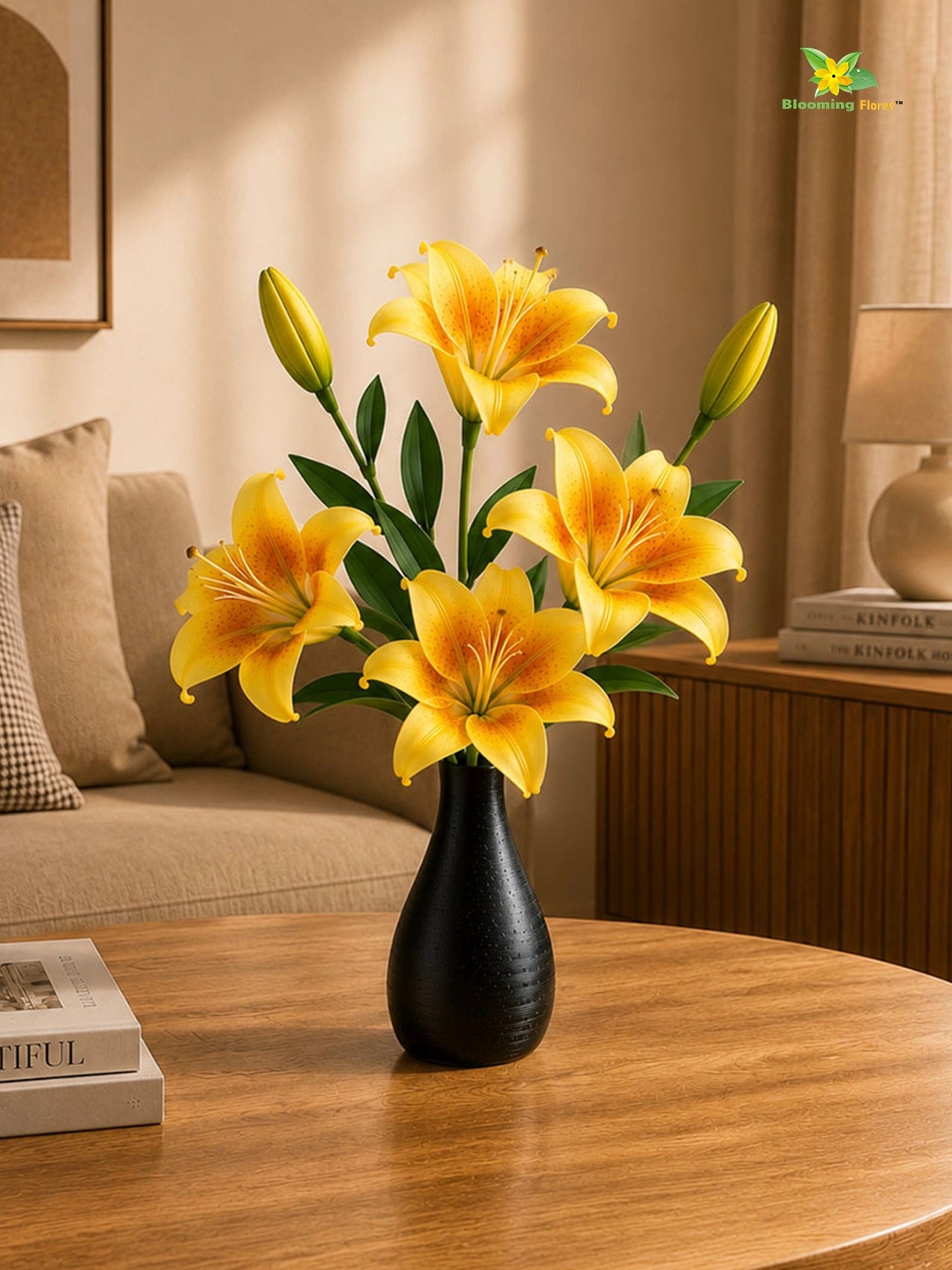 Artificial Lily Flower Stick | Yellow | 35 cm | Set of 2