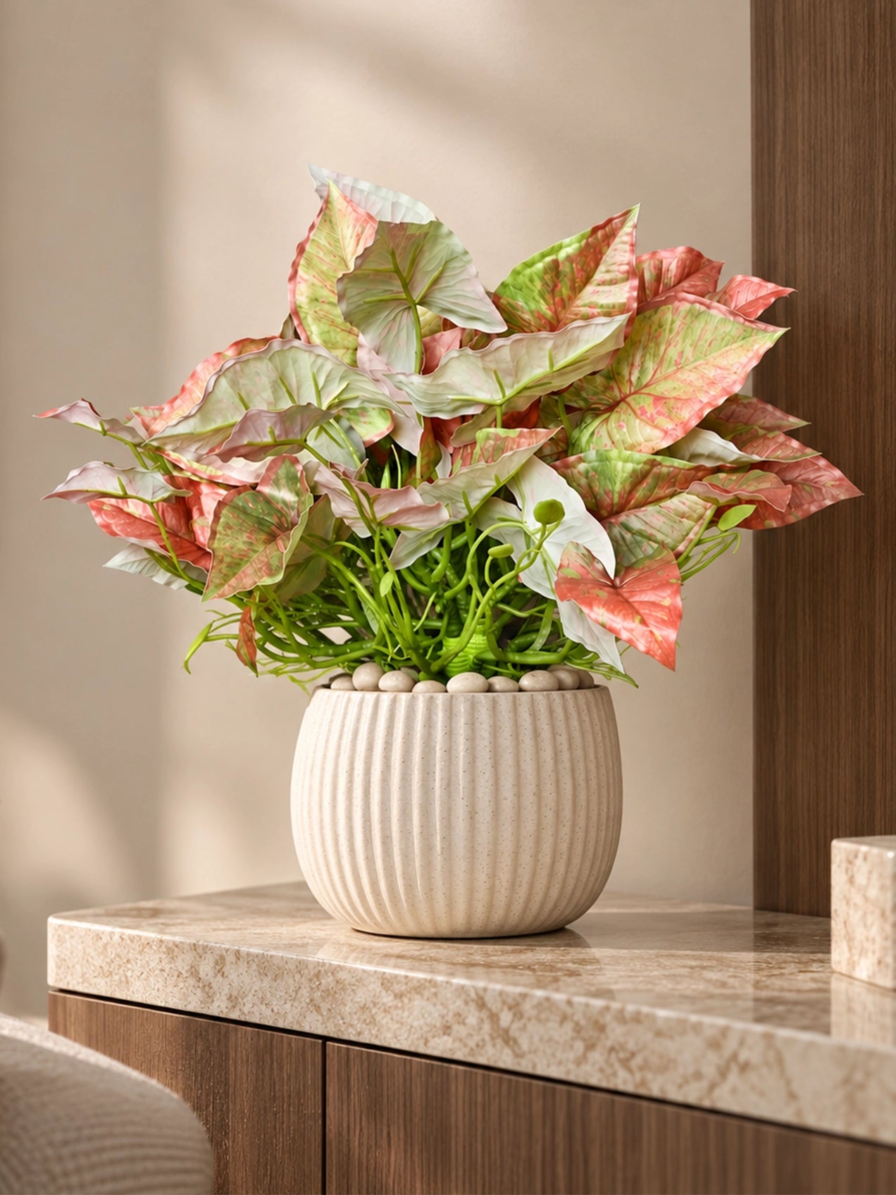 Boho Bliss Artificial Caladium Plant | Green & Orange Patterned Leaves | 35 cm | With Basic Black Pot