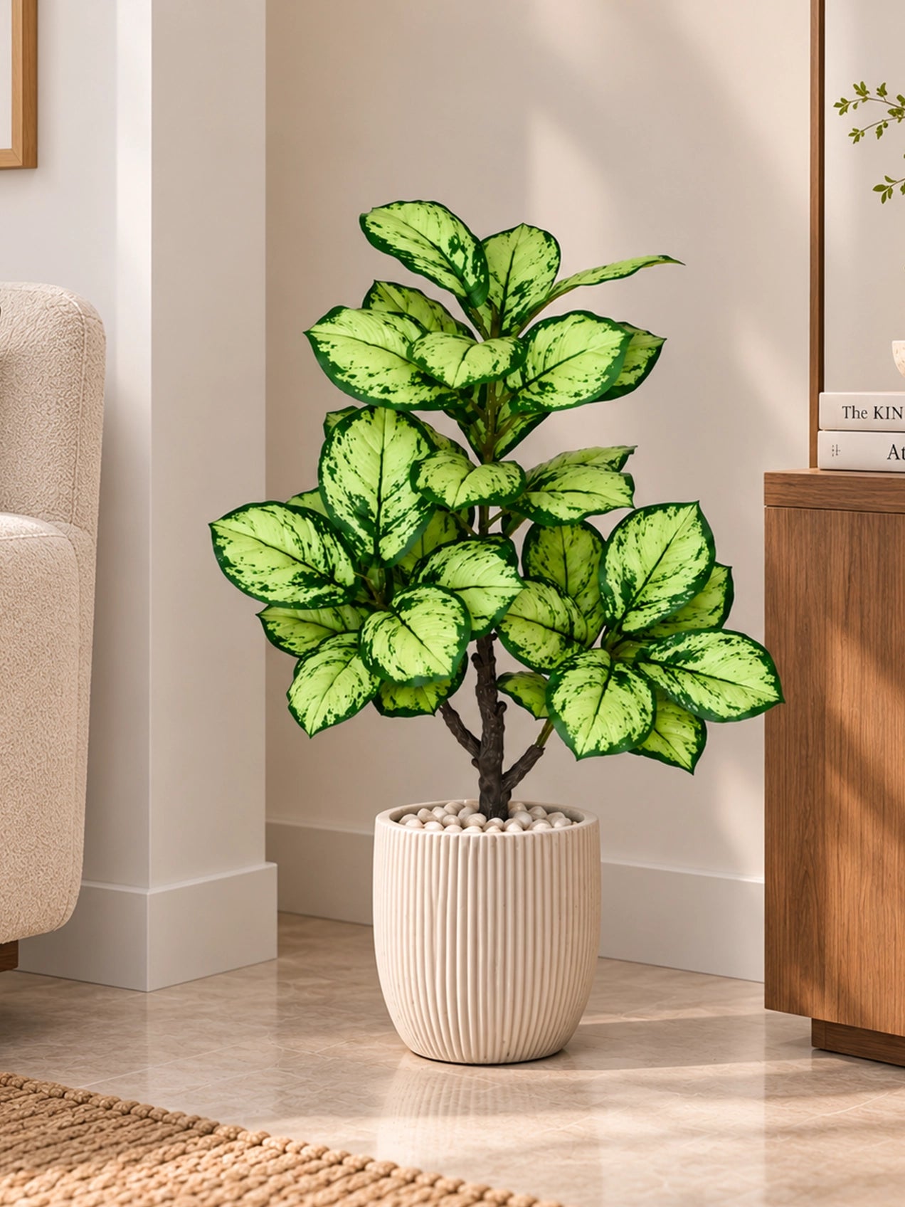 Artificial Dieffenbachia Honeydew Plant | 90 cm | 33 Leaves | With Basic Pot