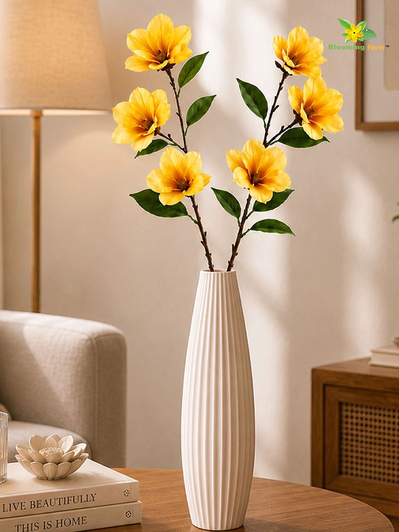 Magnolia Flower Stick | Yellow | 95 cm | Set of 2