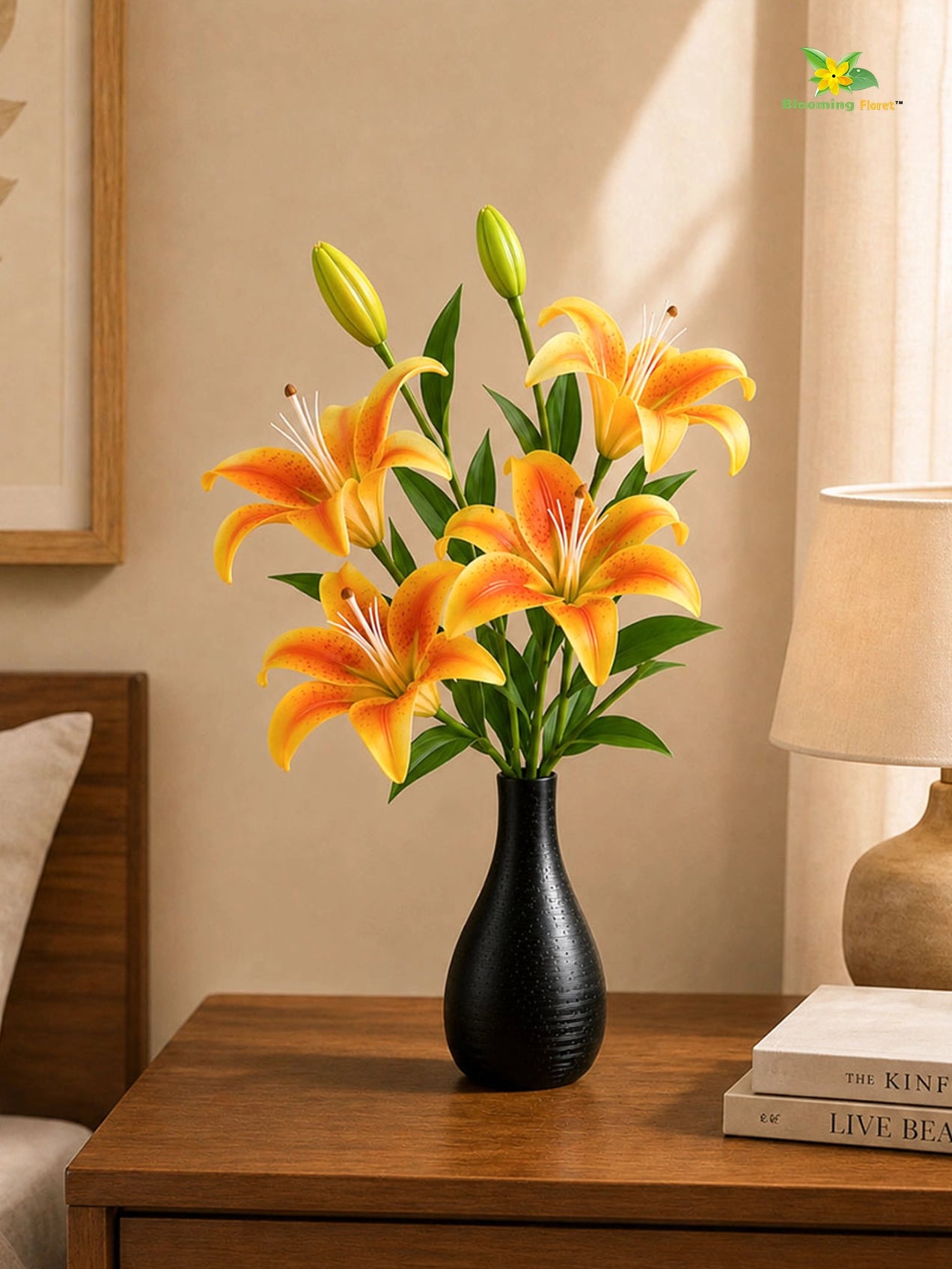 Artificial Lily Flower Stick | Orange | 35 cm | Set of 2