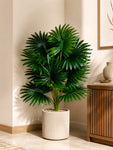 Artificial Fan Palm Plant | Patterned Green Leaves | 75 cm | 18 Leaves | With Basic Pot