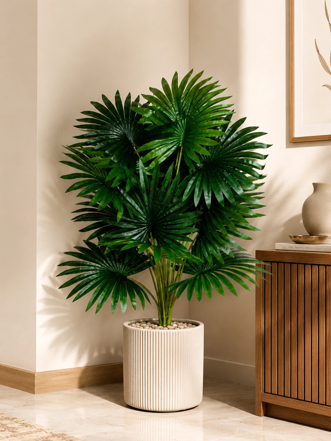 Artificial Fan Palm Plant | Patterned Green Leaves | 75 cm | 18 Leaves | With Basic Pot