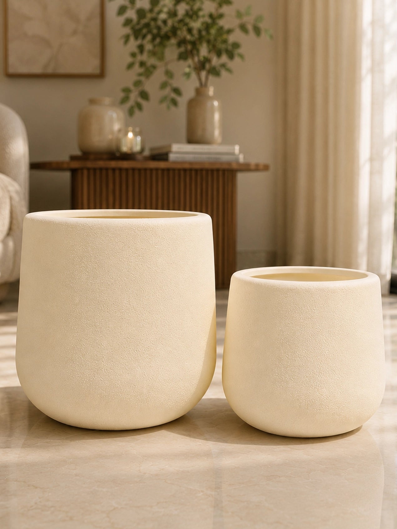 Textured Plain Cream Planters | 22 cm, 30 cm | Set of 2