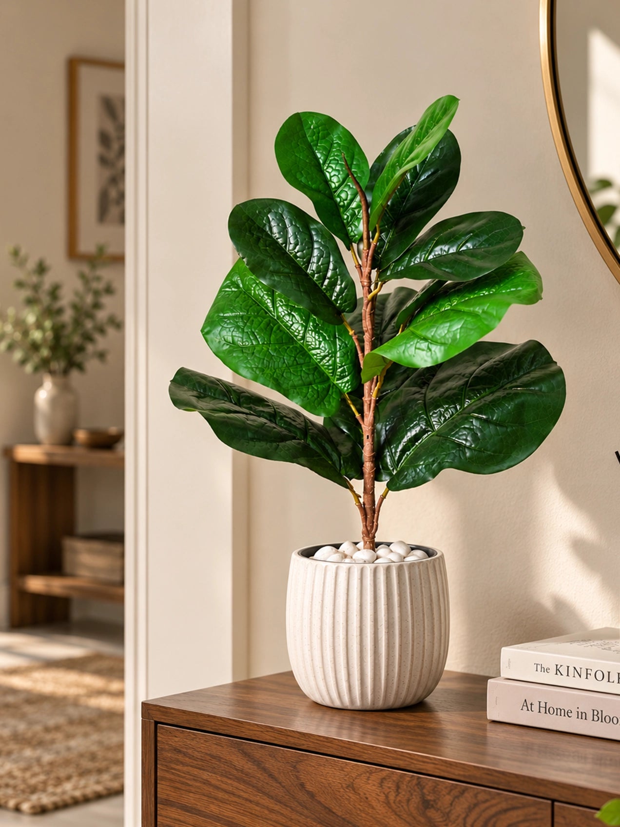 Artificial Fiddle-Leaf Fig Plant | Green Mix Leaves | 50 cm | 11 Leaves | With Basic Pot