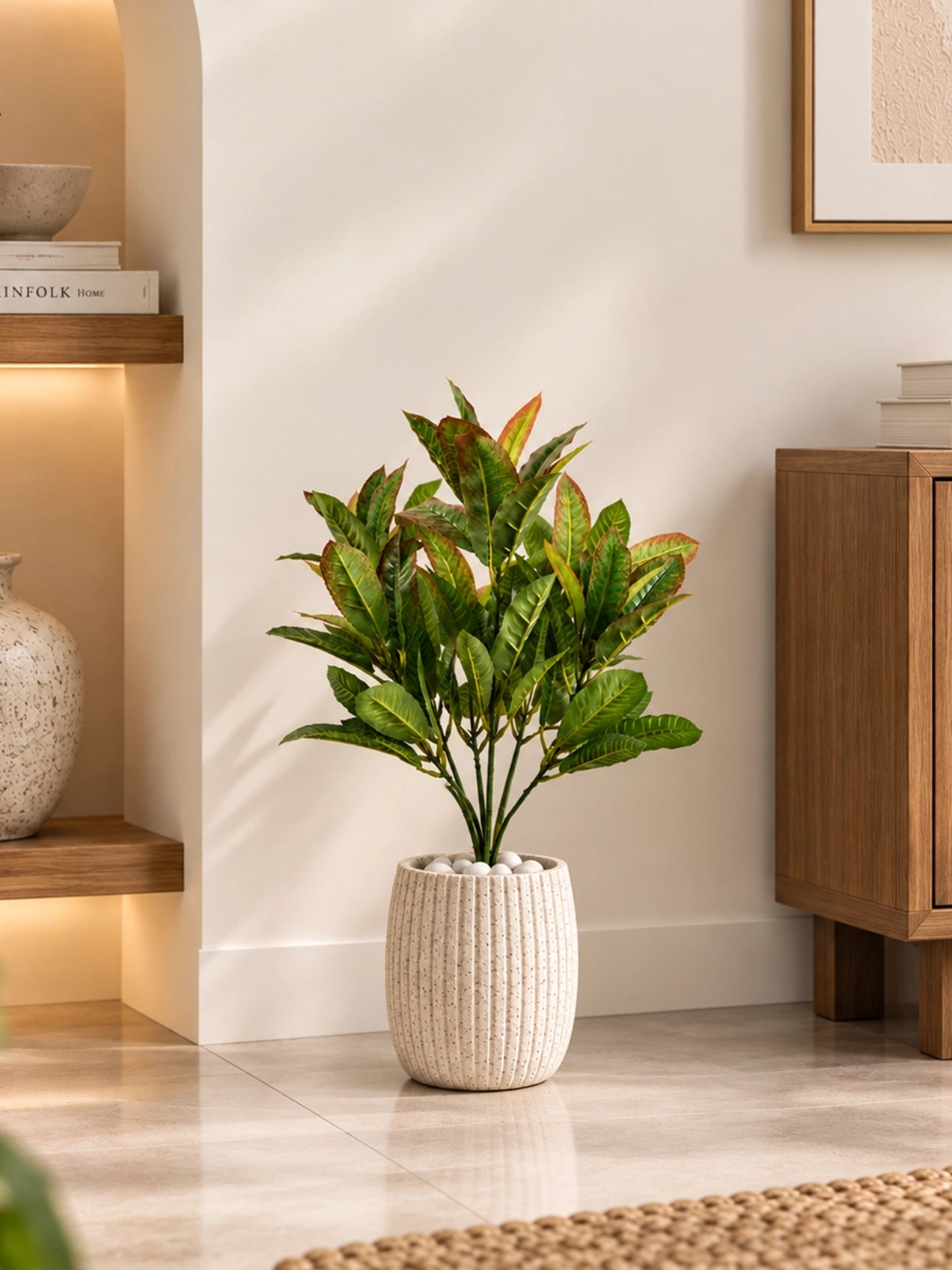 Artificial Croton Leaf Bunch Plant | 50 cm | 72 Leaves | With Basic Pot