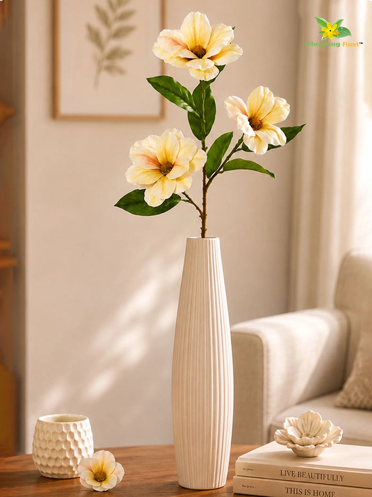 Magnolia Flower Stick | White, Yellow | 95 cm