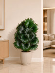 Artificial Fan Palm Plant | Patterned Green & Red Leaves | 75 cm | 18 Leaves | With Basic Black Pot